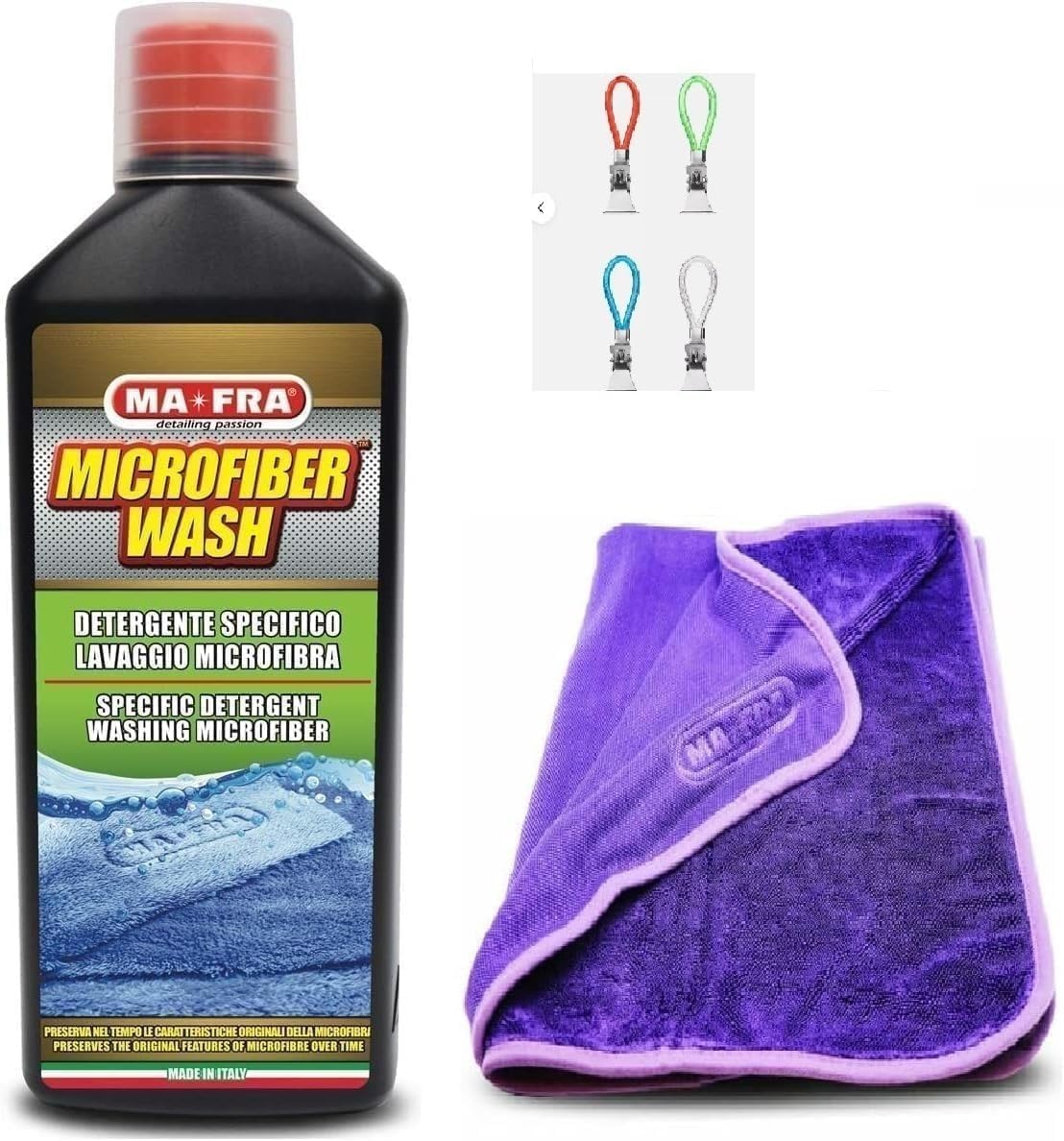 KIT MAFRA MA FRA PANNO SUPER DRYER + MICROFIBER WASH 1000ML PER PULIZIA PANNI MICROFIBRA + 4 GANCI APPENDI PANNI
