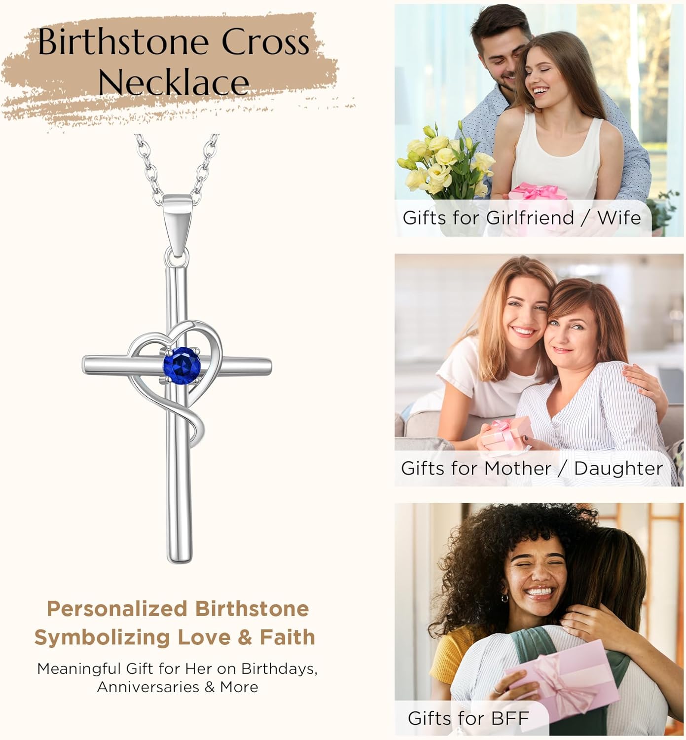 NORBU 925 Sterling Silver Cross Necklace for Women, Heart Womens Cross Necklace With 5A CZ Birthstone Cross Pendnat, Christian Jewelry Religious Gift for Her Women Wife - Image 5