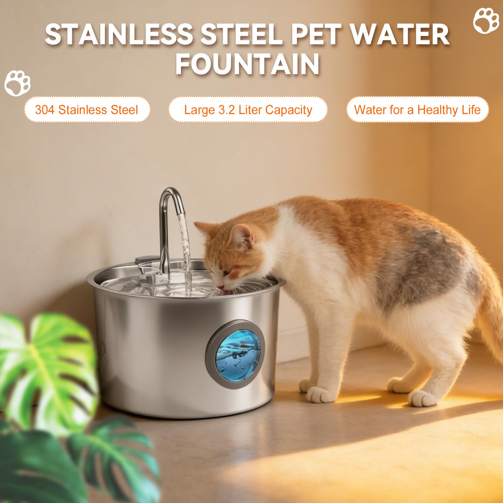 Fuente para gatos de acero inoxidable, automática, ultrasilenciosa