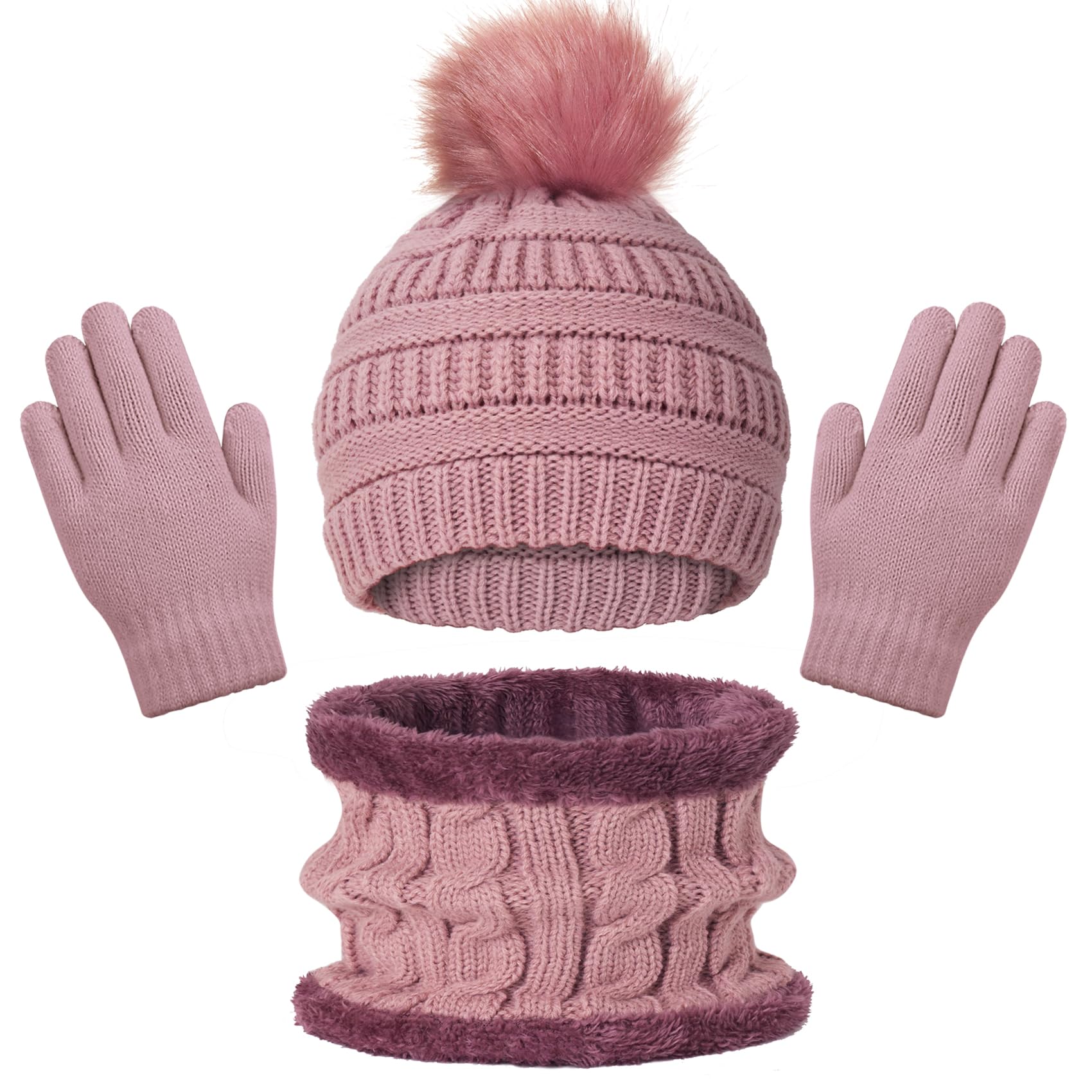 Kids Winter Beanie Hat Scarf Gloves Set for 3-8 Years Old Boys Girls, Thick Warm Knitted Hat Gloves Fleece Lined Scarf Set