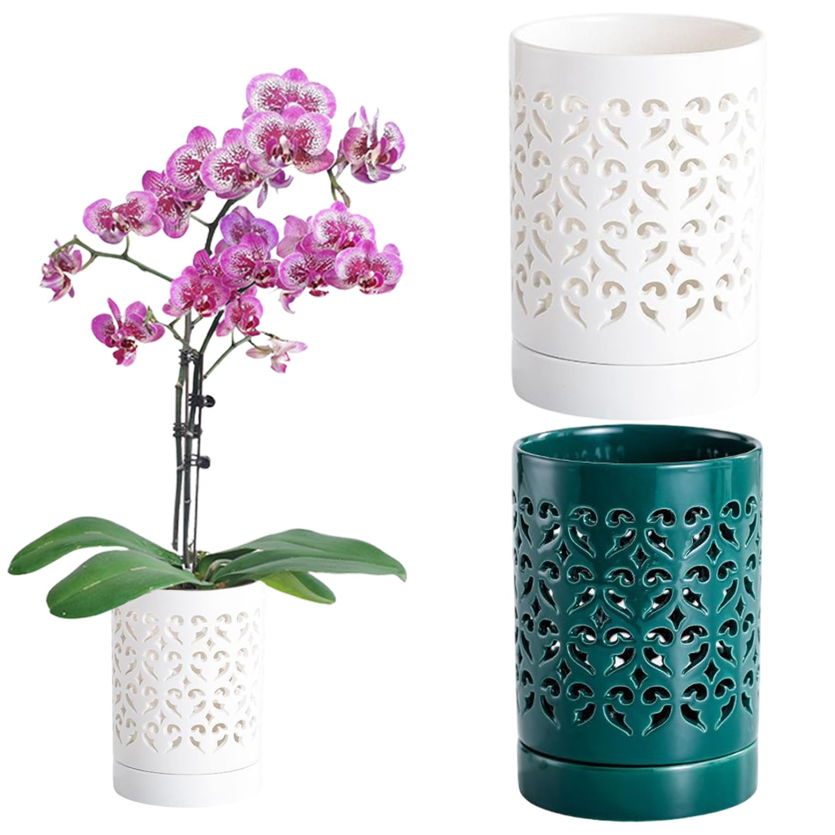 Grsrkep 2PCS Orchid Pot, 4 Inch Ceramic Orchid Pots with Holes, Drainage and Ventilation Small Flower Pot with Saucer for Repotting, Indoor Outdoor Plants