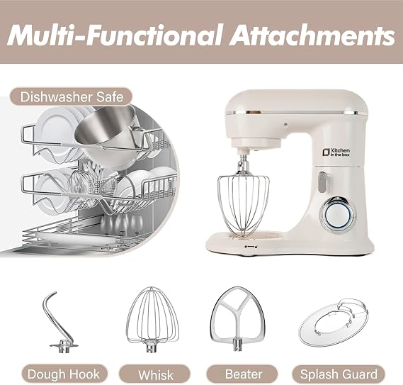 Kitchen in the box Stand Mixer, 6L Electric Food Mixer with 10 Speeds, 1300W Kitchen Appliance for Home Baking, Colorful Baking Tool for Bread Dough Cake with Dough Hook, Whisk, Beater (Grey White)