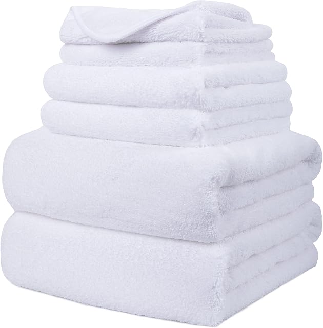 POLYTE Plush Quick Dry Lint Free Microfibre Bath Towel Set, 6 Pieces (White)