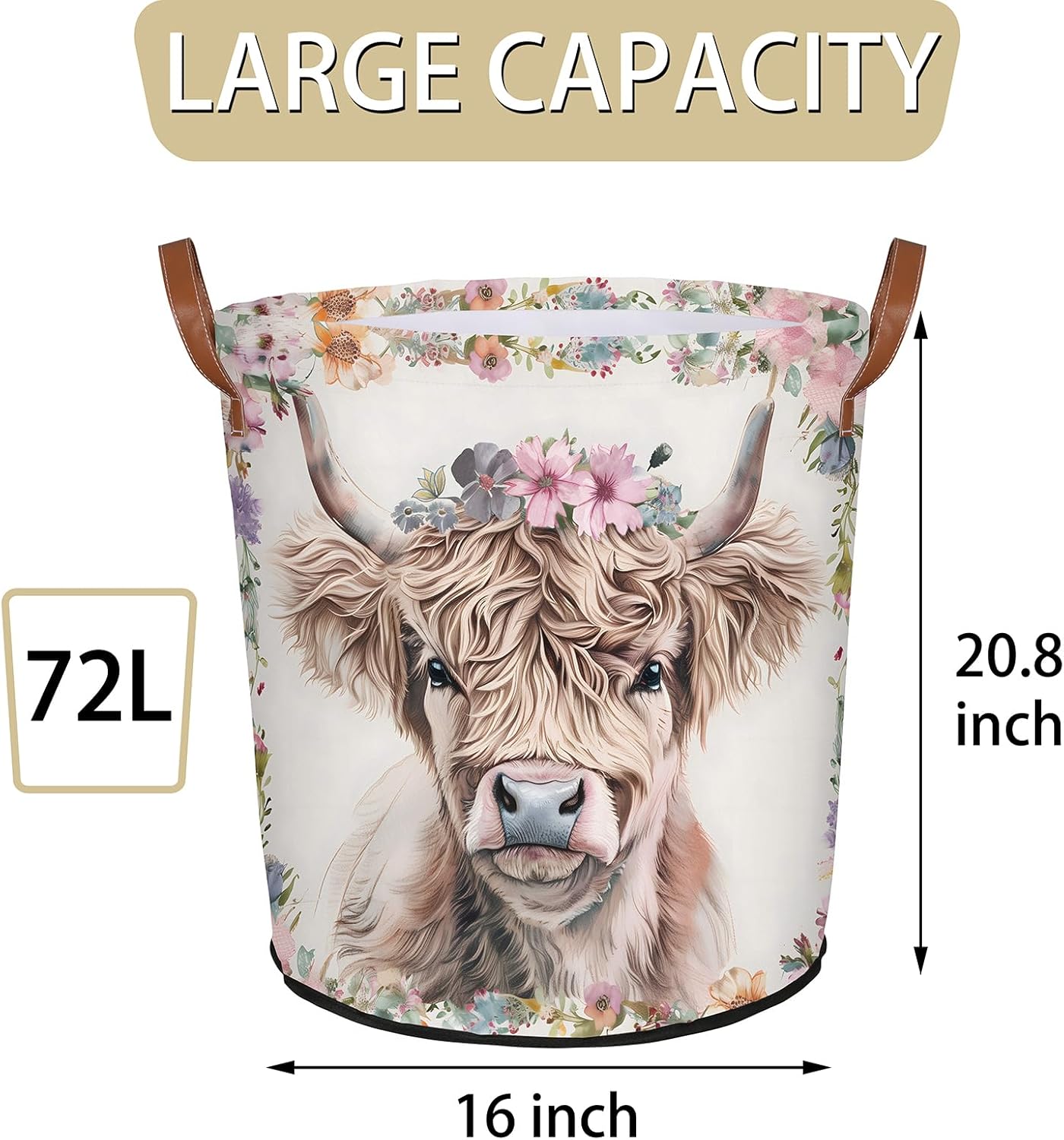 Highland Cow Laundry Basket Waterproof Collapsible Hamper With Handles Oxford Cloth Dirty Clothes Tote for Bathroom, Bedroom, Living Room