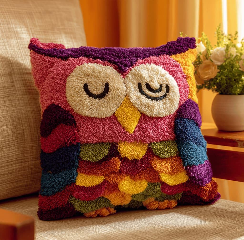 Kitquiver Decor Latch Hook Cushion Kit,Owl DIY Pillow Cover 43X43Cm
