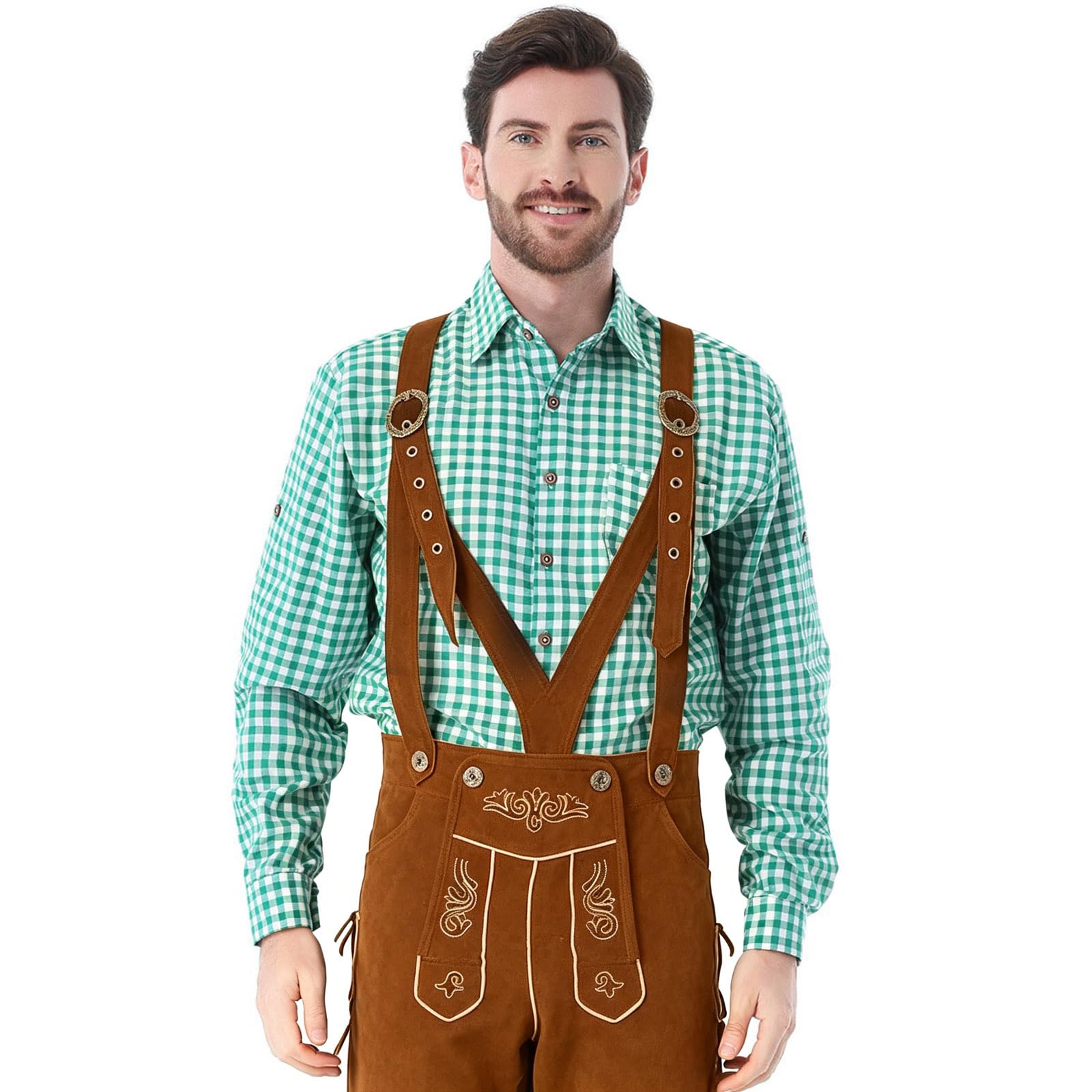 Generisch Oktoberfest Herren Outfit, traditionelles bayerisches Hosenträgerhosen-Set mit klassischem Karohemd, komfortable Passform für langanhaltende Festnutzung und Rollenspiele