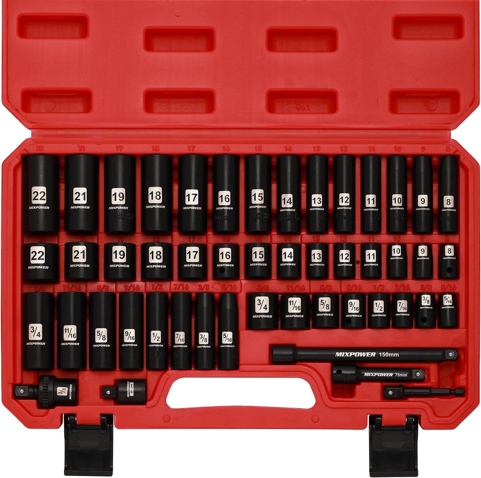 MIXPOWER 3/8" Drive Deep Impact Socket Set, 6 Point, 49 Piece Standard SAE and Metric Sizes-5/16-Inch to 3/4-Inch and 8-22 mm, 3/8'' impact universal joint, Cr-V Steel Mechanic Socket Set