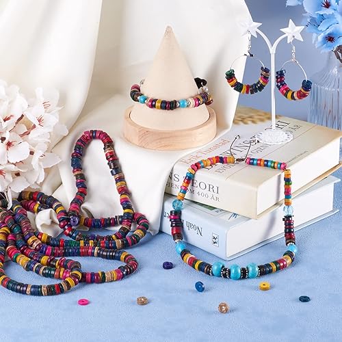 Miniatura 4 de Craftdady 10 hebras redondas planas de 0.31 pulgadas (0.354 in), cuentas espaciadoras de coco natural de colores mixtos, disco de moneda Heishi