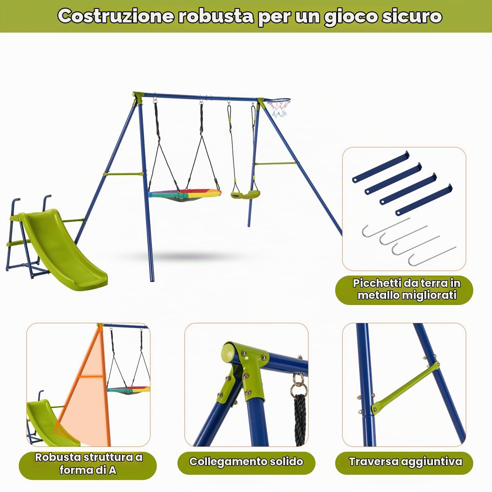 KOMFOTTEU Set di Altalene da Giardino per Bambini con Scivolo e Canestro da Basket