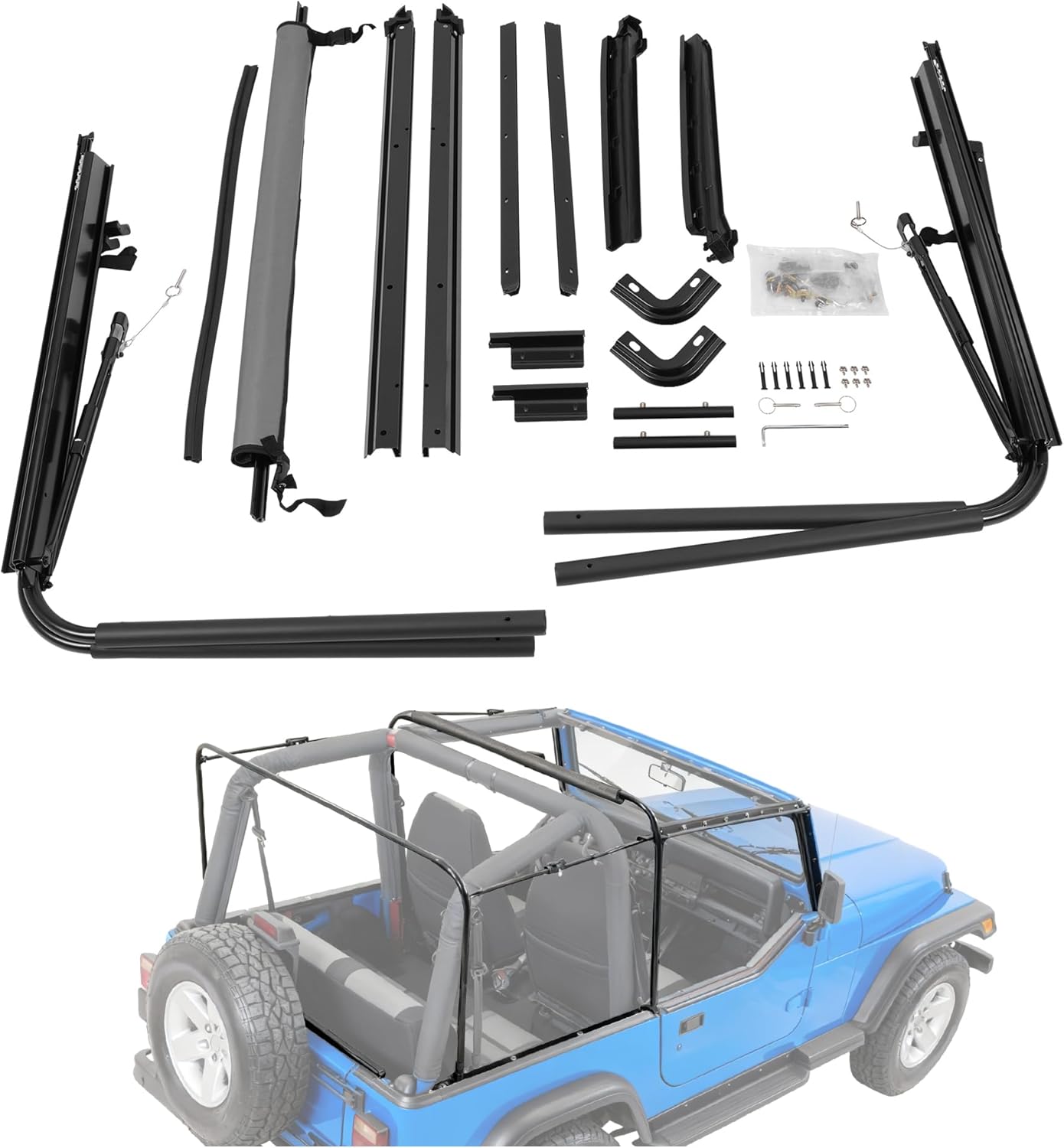 Soft Top Support Compatible with 1987-1995 Jeep Wrangler YJ W/Squared Front Upper Half Doors, Replacement Convertible Soft Top Frame Bracket Aluminum, Steel