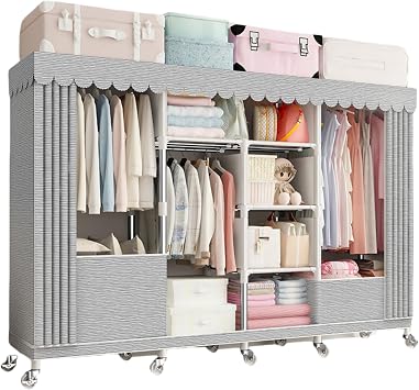 Wardrobe with Cover Closet Hanger Rack Wardrobe Portable Canvas Wardrobe Hanging Rail with Shelf Fabric Clothes Closet Storage Organizer for Bedroom Living Room C,200x45x170cm Parallel Import