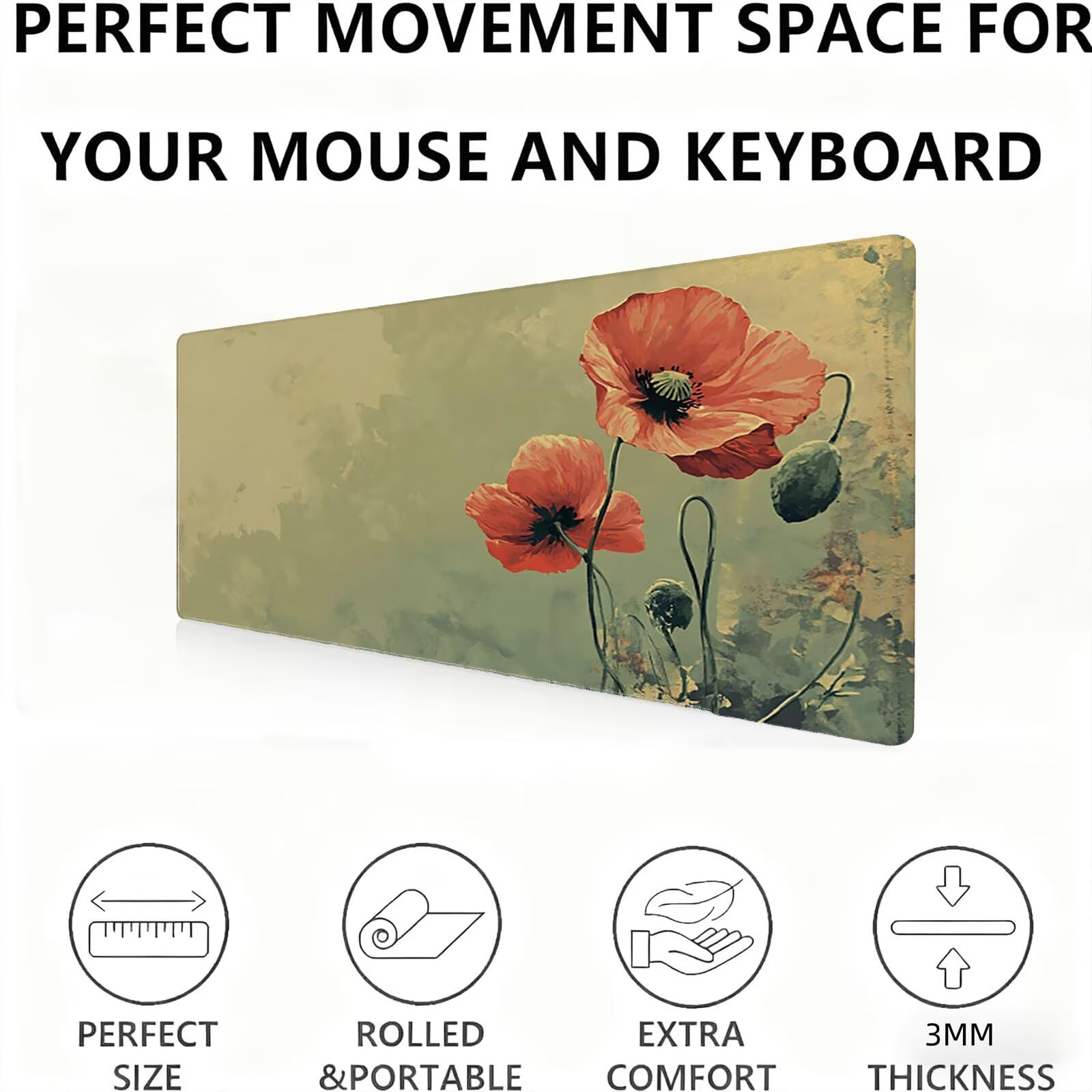 Podkładka pod mysz XXL kwiatowa/czerwona 1200 x 600 mm duża podkładka pod mysz szyte krawędzie wodoodporna antypoślizgowa duże rozszerzone akcesoria biurowe do PC, przenośna poprawia dokładność i
