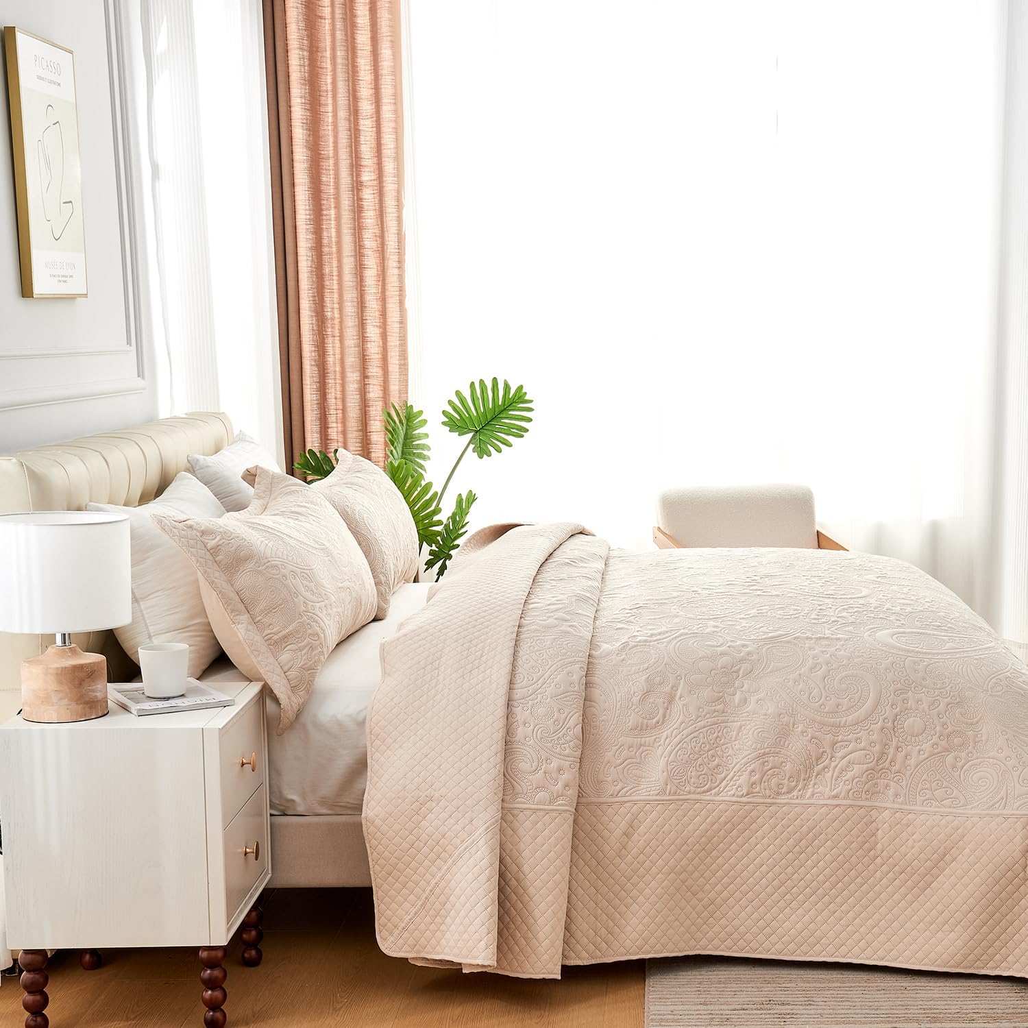 Oversized King Quilts 128x120, California King Bedspreads with 2 Pillow Shams, Ultrasonic Quilting Floral Pattern Soft Microfiber Lightweight Extra Large King Bedspread, Beige - Image 4