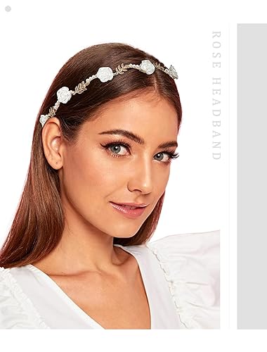 Miniatura 5 de AWAYTR Diadema de metal de oro rosa para mujer, 3 piezas, diadema fina de perlas para niñas, diadema floral para el cabello, aro para el pelo,