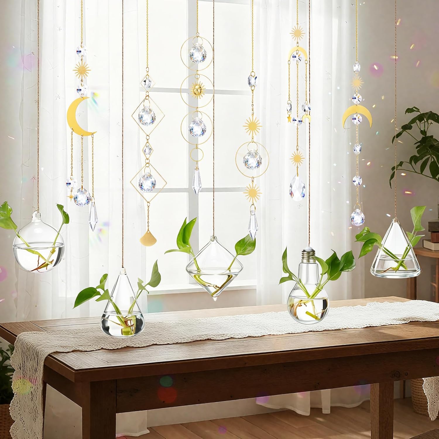 Mumufy 11 Pcs Crystals Suncatcher and Hanging Glass Planter Terrariums Set Geometric Wall Vases Moon Star Crystals Prism Hanging Decor for Windows Home Wedding Decoration