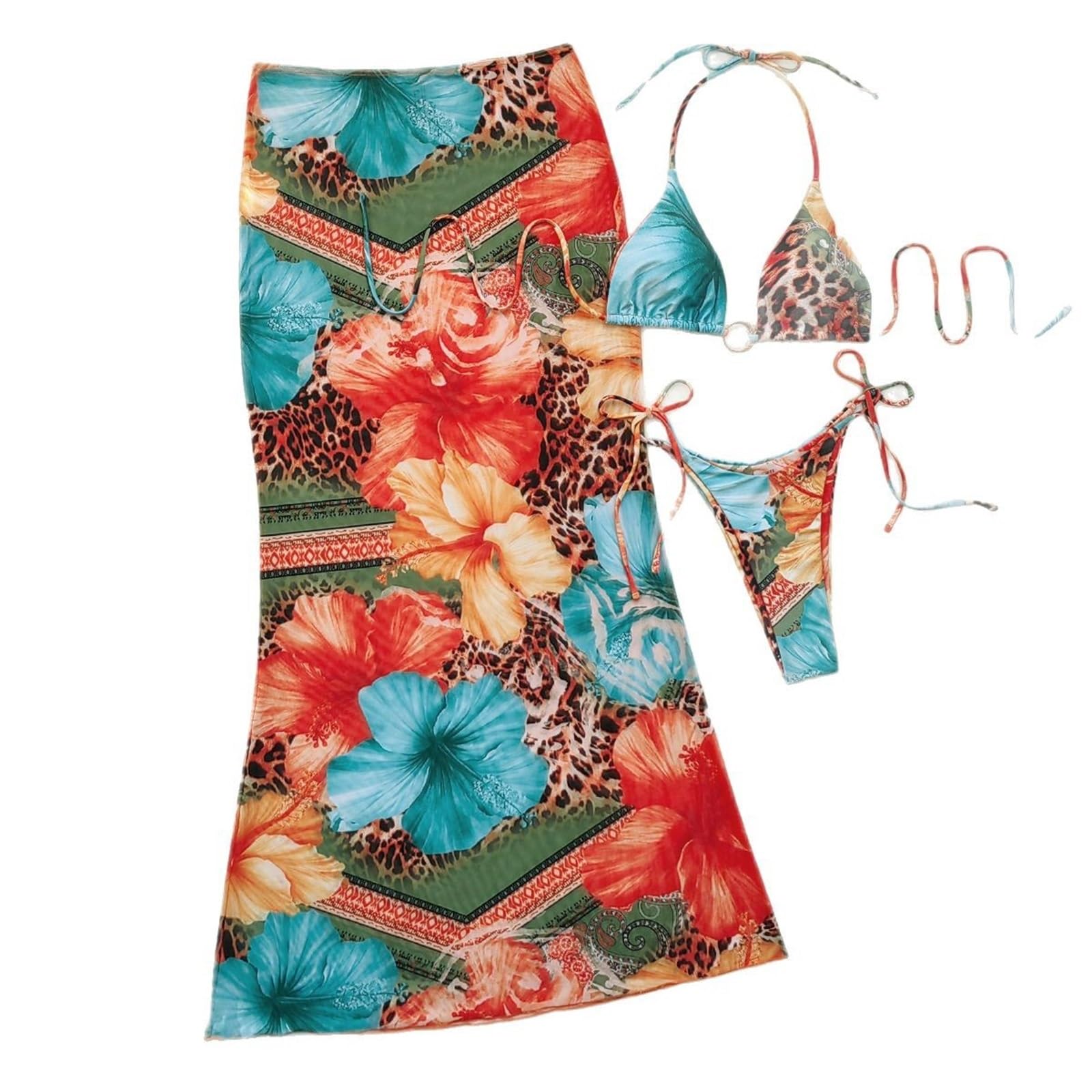 Seksowny zestaw mini bikini w panterkę (3 sztuki): długa spódnica, kostium kąpielowy bez pleców kwiatowy wzór, strój plażowy