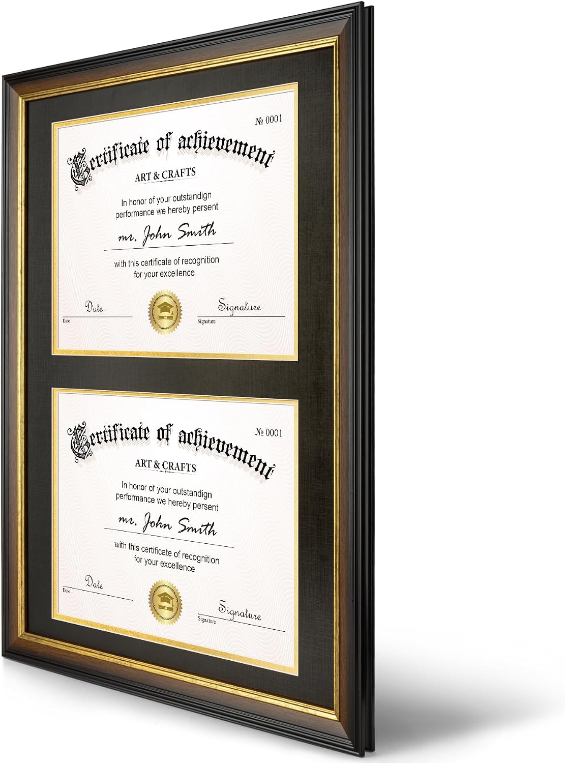 Yaetm Double Diploma Frame 14x20 with Mat for Two 8.5x11 Certificates/Degrees, Shatter-Resistant Real Glass, Acid-Free Black and Gold Mats, Walnut with Gold Rim Dual Diploma Frame for Graduation