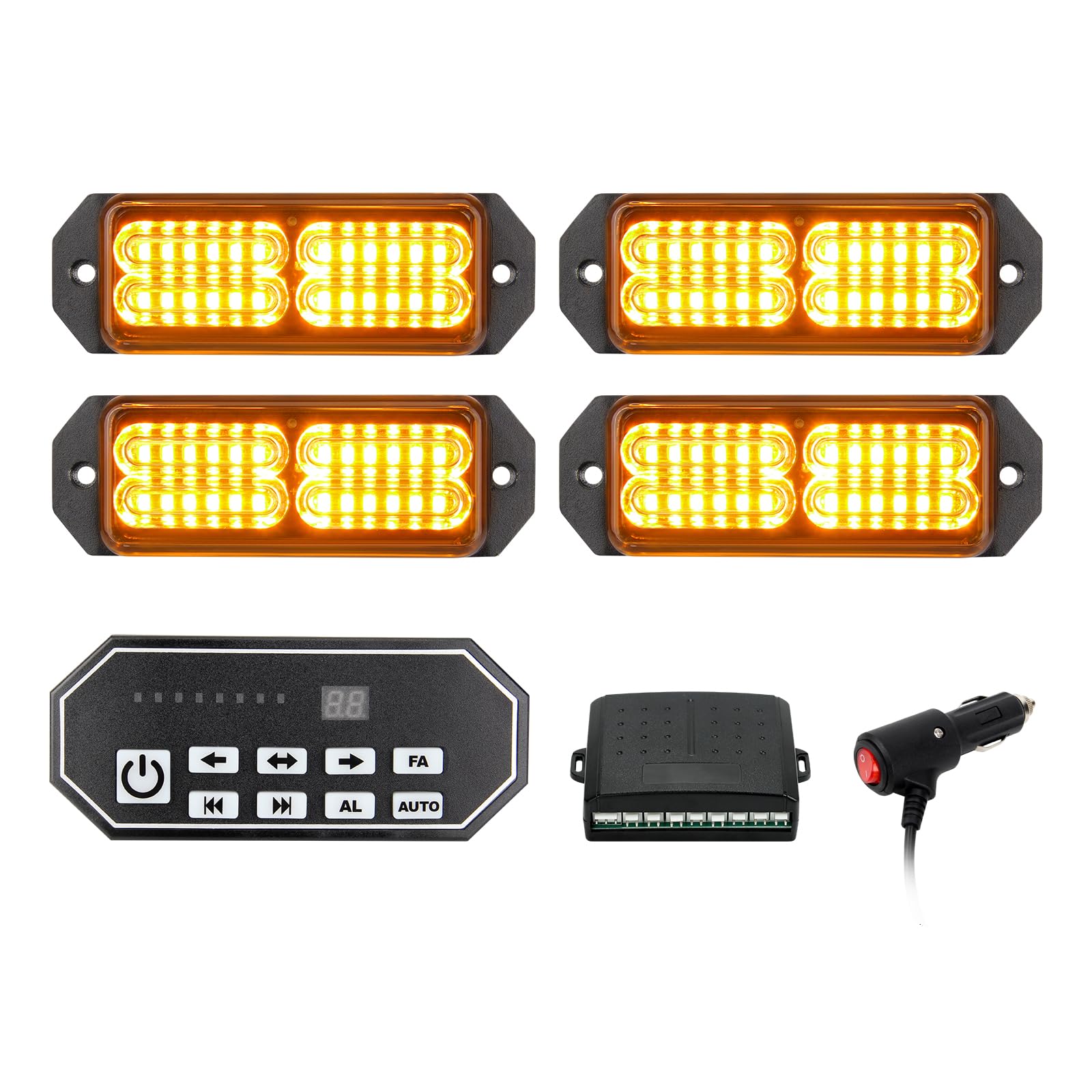 Luces estroboscópicas LED ámbar 4 en 1 para vehículos, luces estroboscópicas ámbar con interruptor de 9 teclas, 20 modos de flash, barra de luz de advertencia de emergencia para camiones,