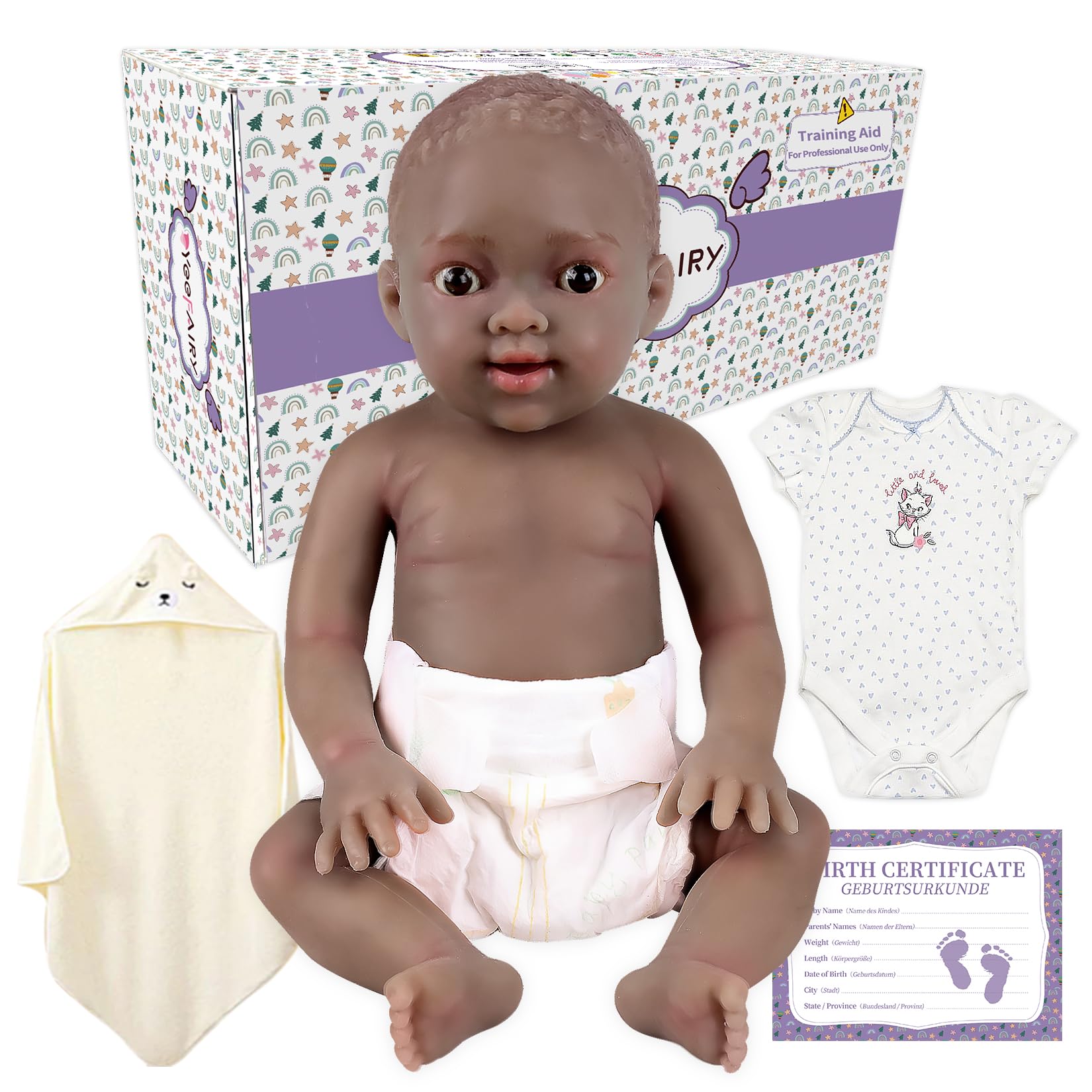 Realistische Silikon Reborn Babypuppe 43cm 2,9kg Lebensechte Gemischt Ethnien Afroamerikanisch Neugeboren Mädchen mit Geöffneten Augen (kein Vinyl) Baby Girl Emotionspuppe für Paare, Schwarz