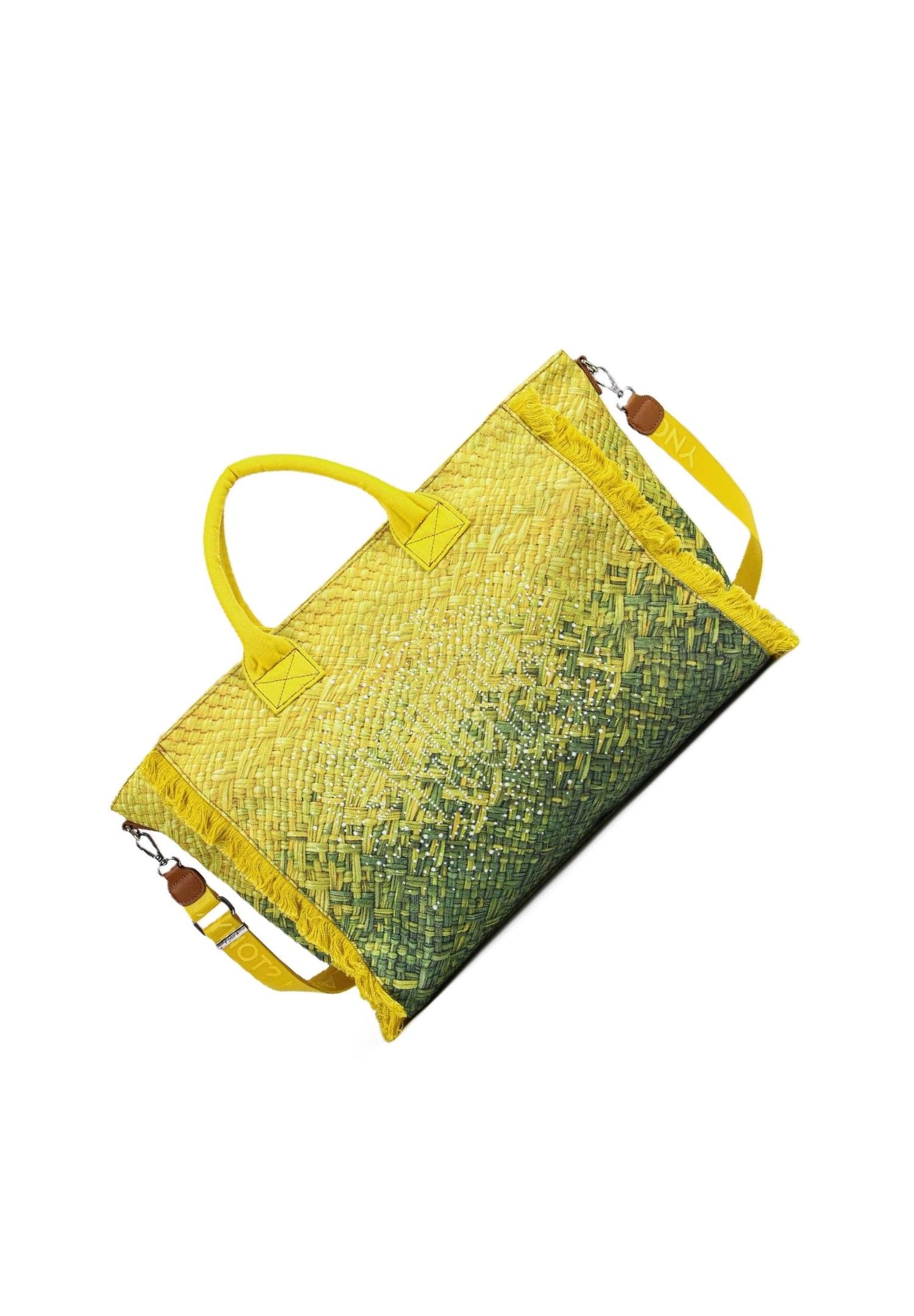 YNOT Borsa Mare Tote Macao MAC001S6, Nylon, Effetto Intrecciato Sfumato Lime, 57x33,5x19 cm, Tracolla Amovibile