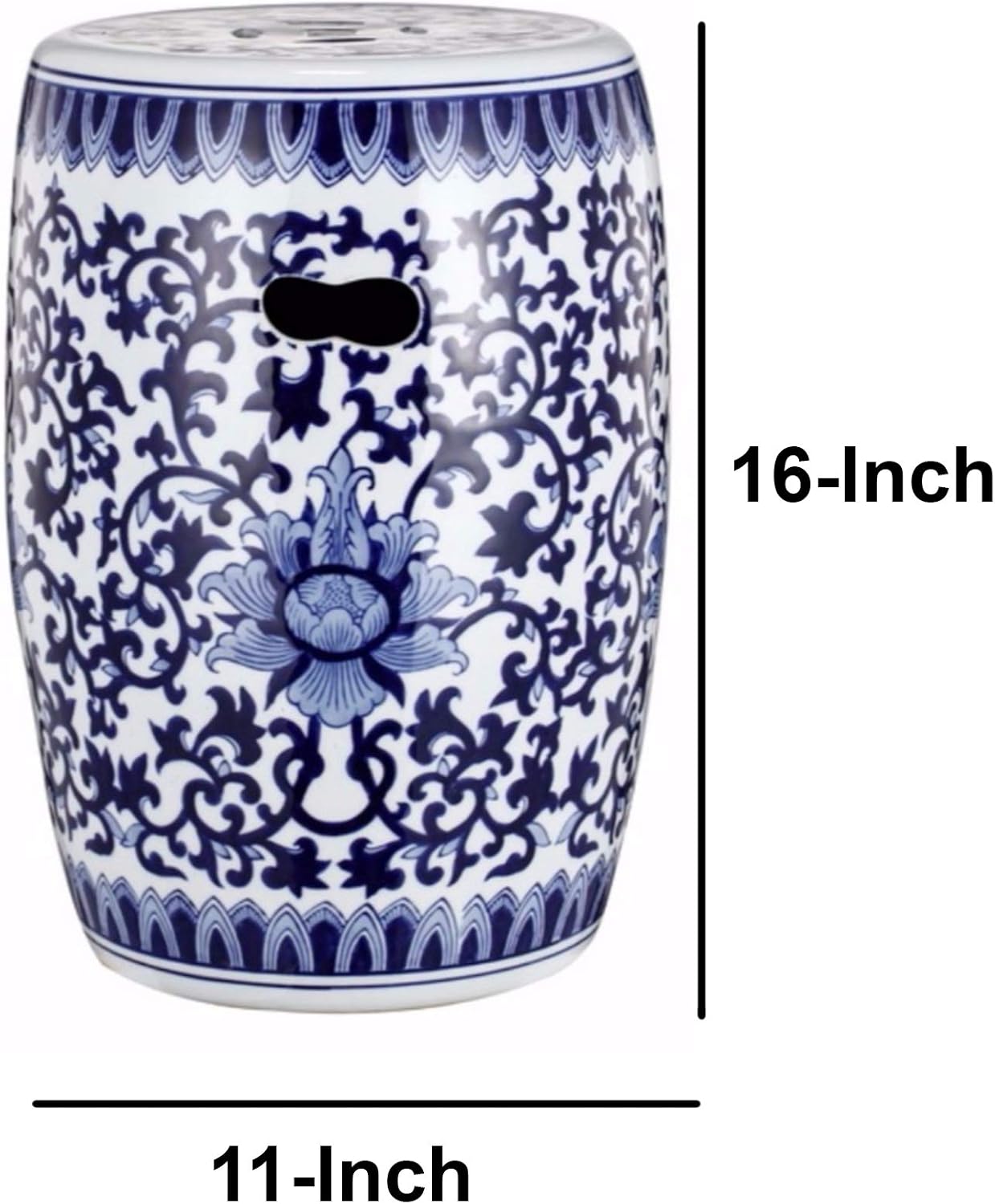 Benjara 11 Inch Garden Stool, Ceramic Drum Shape, Blue, White Floral Pattern