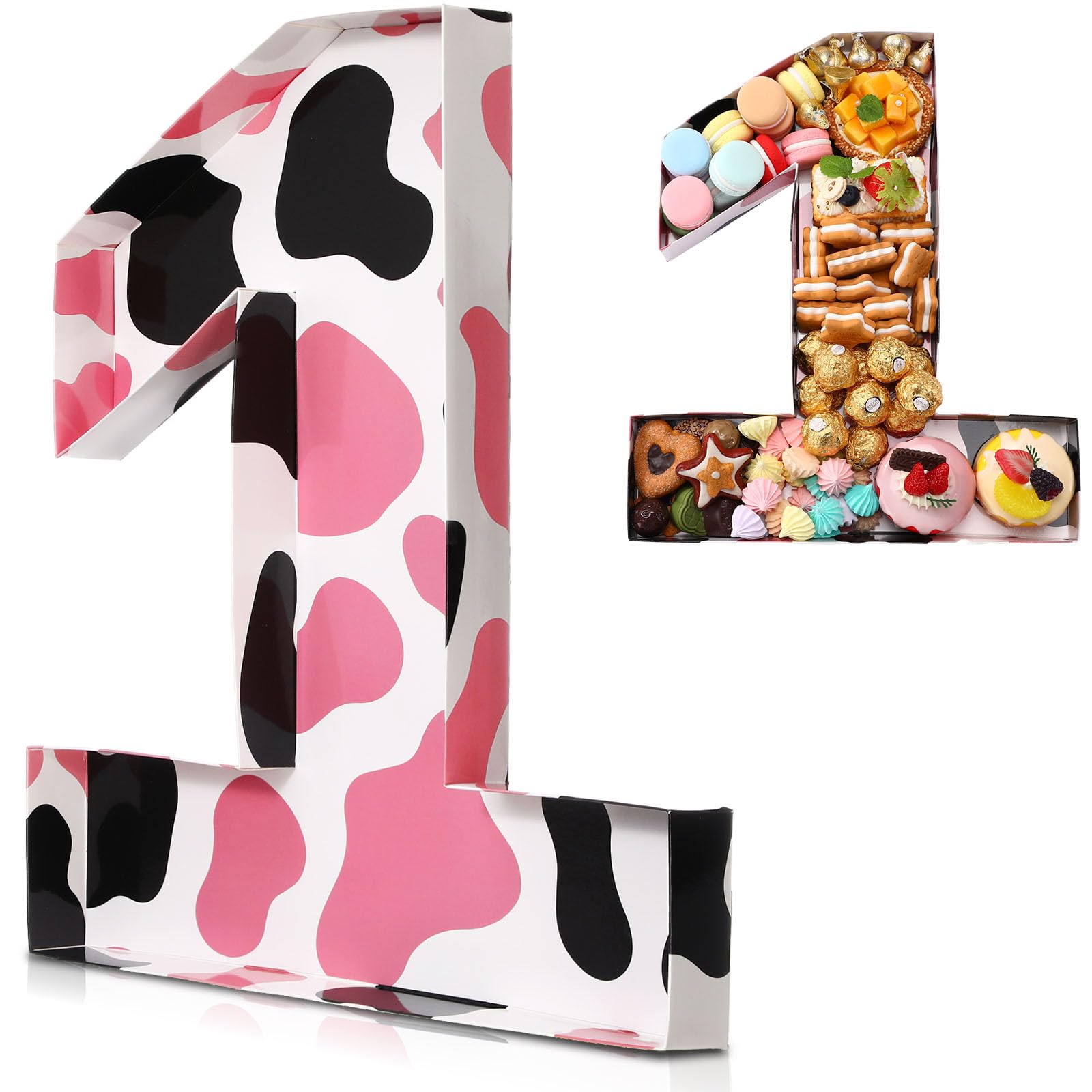 Mifoci 13.7" Cow Print Cardboard Number 1 Fillable Candy Gift Boxes Charcuterie Fruit Snack Serving Tray for Cowboy Cowgirl 1st Birthday Farm Animal