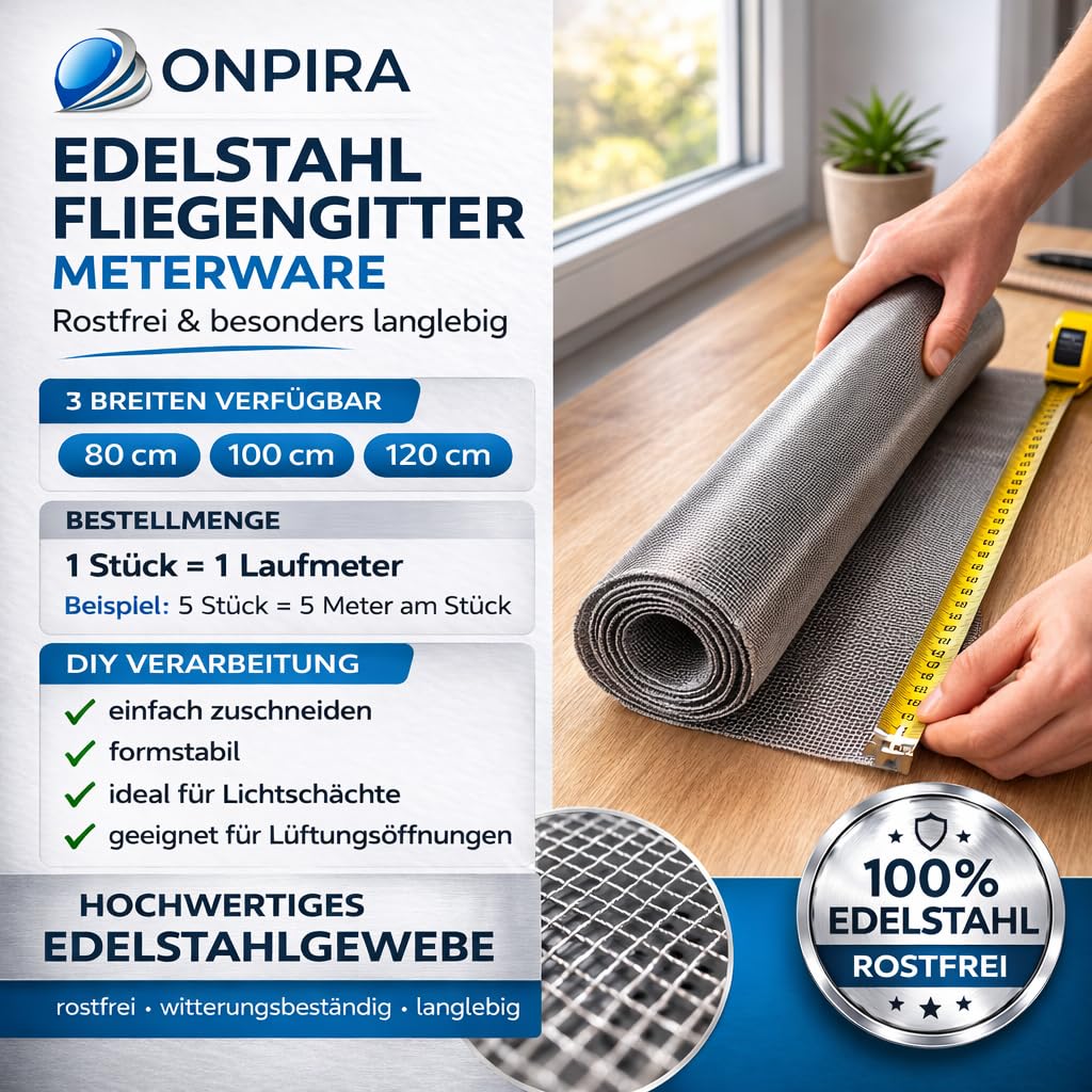 ONPIRA® Fliegennetz Meterware Edelstahl oder Aluminium Rostfrei & Katzensicher – Insektenschutz für Fenster & Türen in Silber oder Schwarz, Zuschneidbar & wetterfest (Edelstahl, 100cm x 2m)