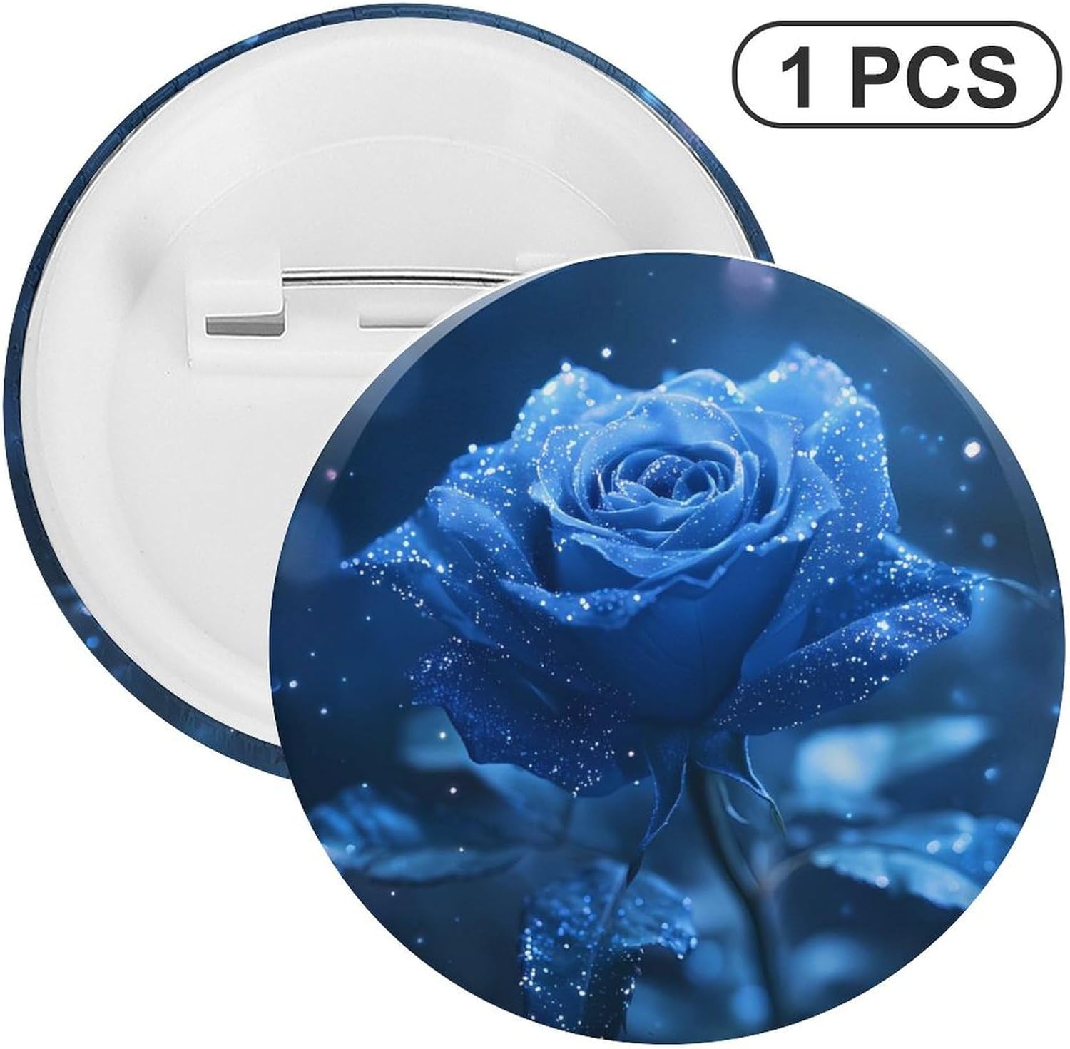 Blue Rose with Glitter Brooch Pins Fashion Tin Plate Badge Pin Gifts Round