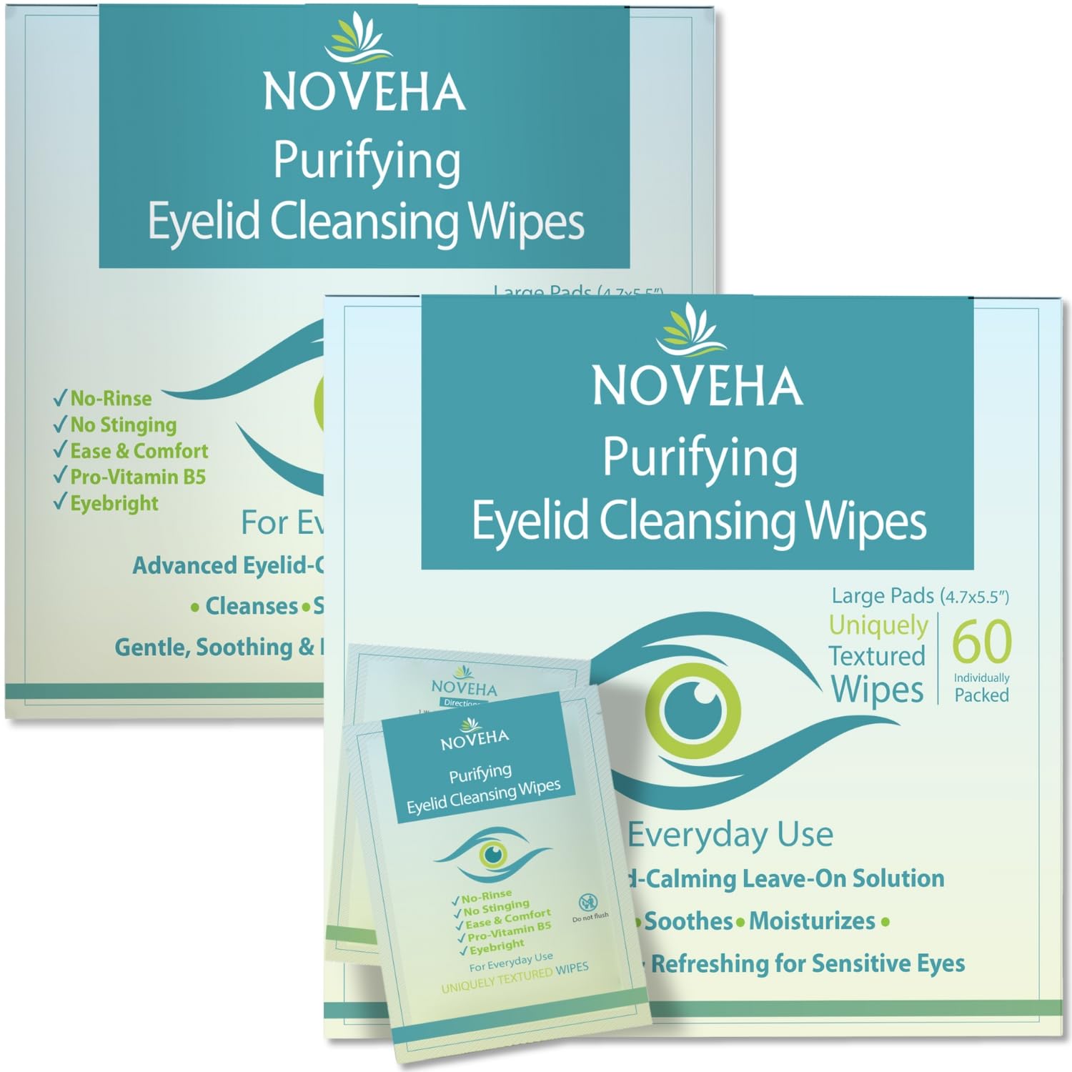 2PK - NOVEHA Eyelid & Lash Wipes | For Itchy, Dry Eyes, Styes & Blepharitis, Demodex | lid and lash Cleansing Wipes, Hypoallergenic & Soothing For Sensitive Eyes, Pack of 60