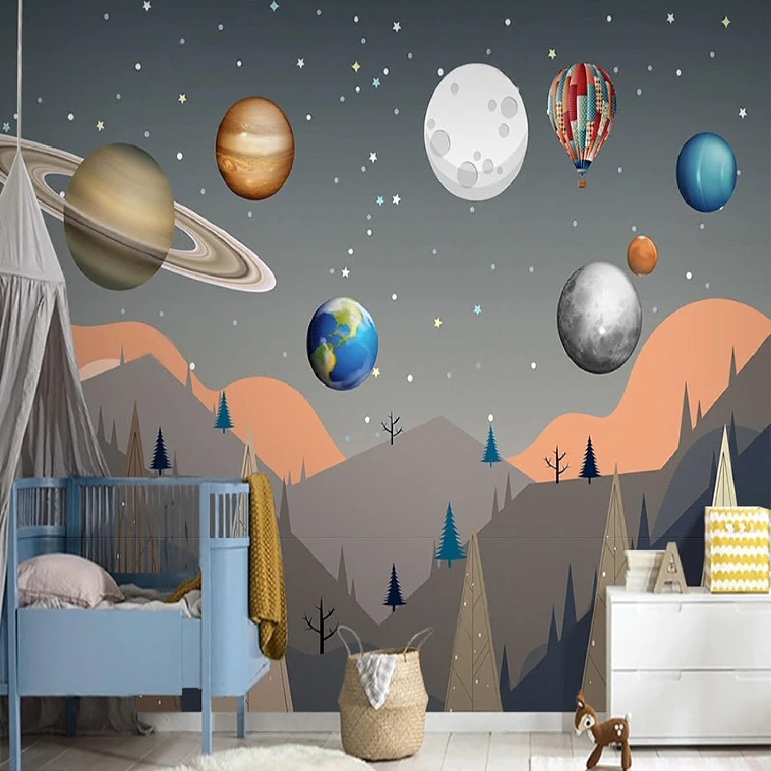 Papier peint 3d moderne planètes ciel étoilé en soie gaufrée 150x105cm