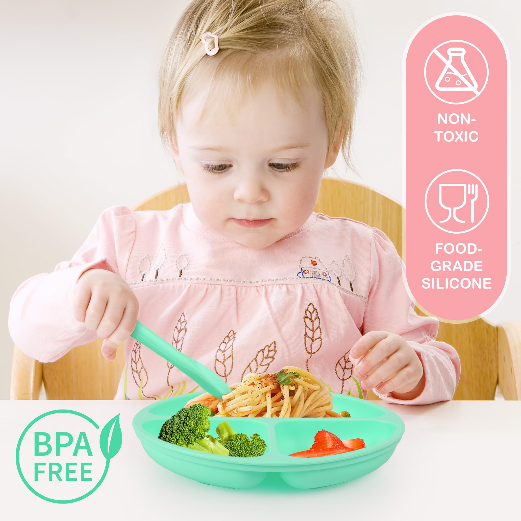 Set D’assiettes Bébé En Inox 304 + Ventouses Silicone - 2 Assiettes, 2 Cuillères, 2 Fourchettes - Sans BPA, Lavable Au Lave-vaisselle