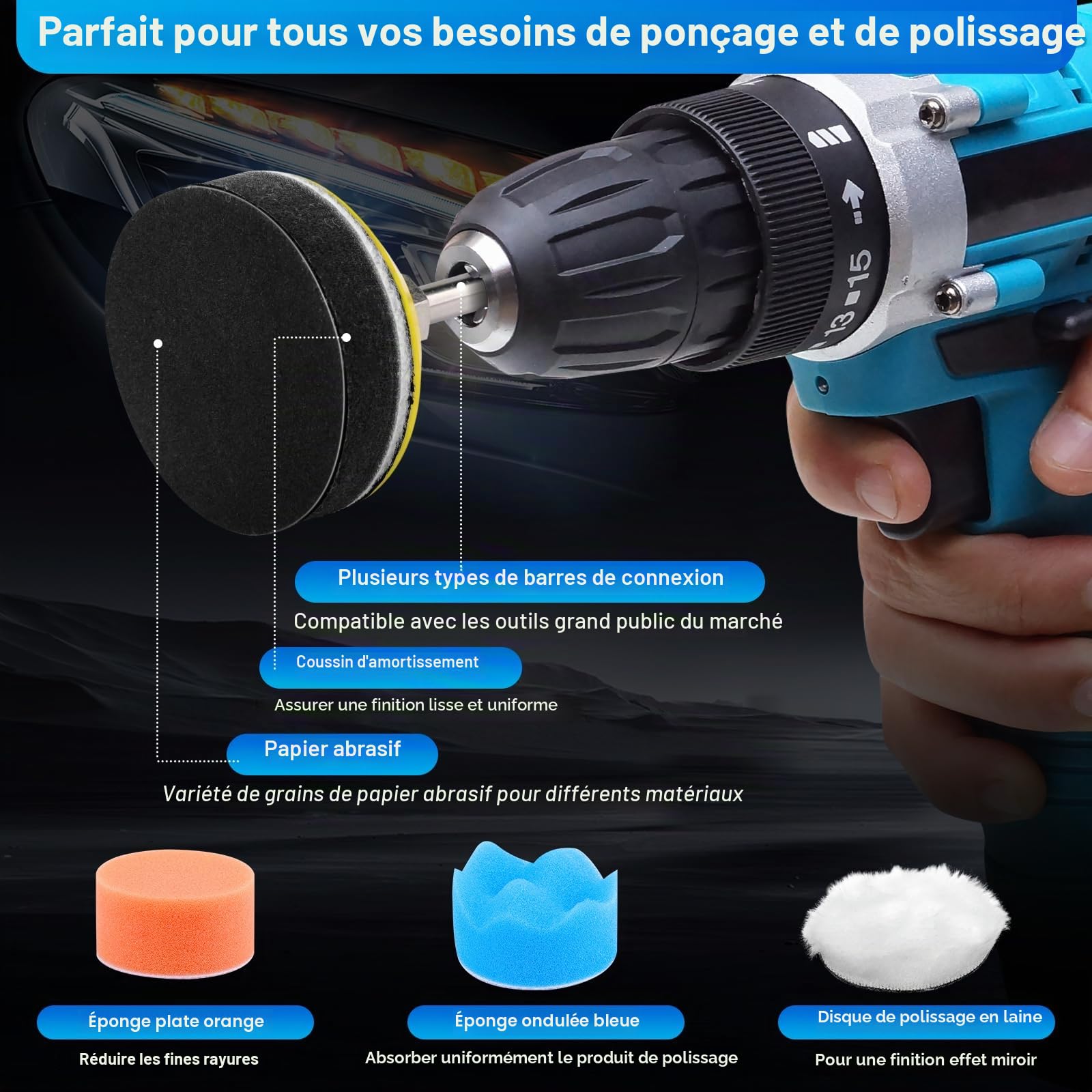 Lot de 333 embouts de polissage pour visseuse sans fil, 50 mm, papier abrasif humide et sec | Disques abrasifs de 5 cm - Kit de polissage de phare - Éponge de polissage pour voiture, métal, bois