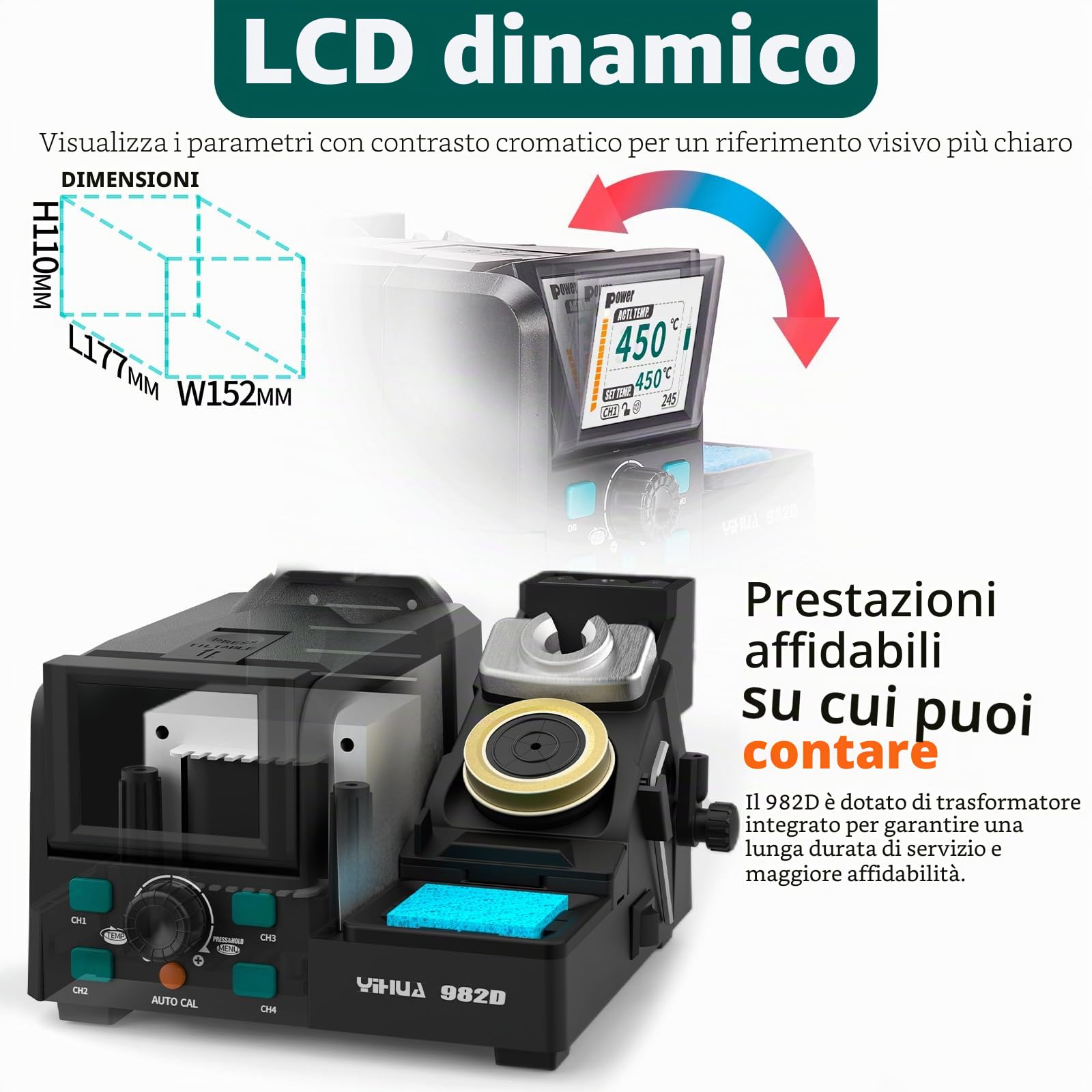 YIHUA 982D Stazione Saldante di Precisione con saldatore a stagno Punte C210 e C245, Filo di Saldatura Senza Piombo, Impugnatura Compatibile con C210 & C245, Calibrazione Automatica della Temperatura