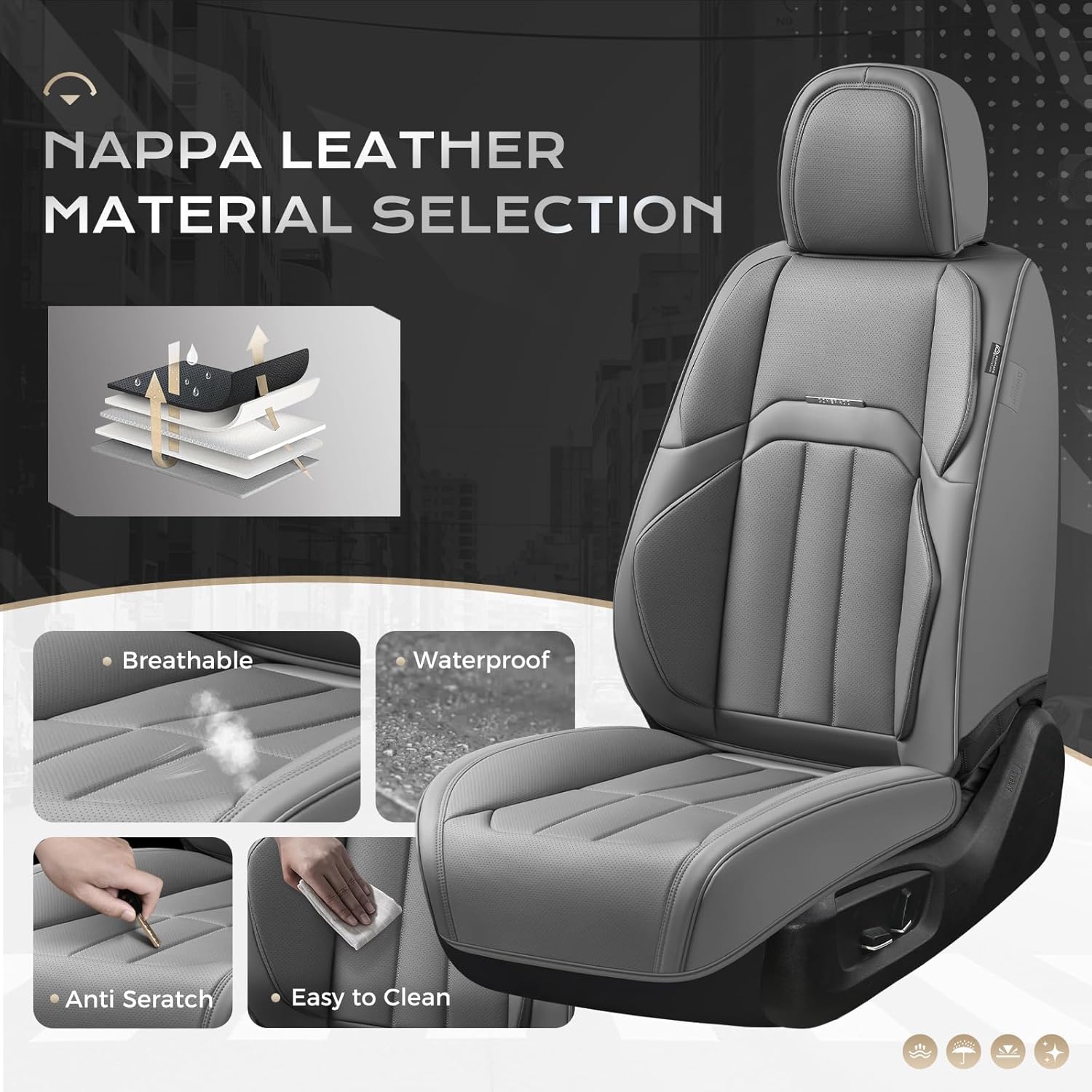 Coverado Car Seat Cover, Cover for Cars Full Seat, Premium Leather, Universal Fit Waterproof Seat Protectors, Car Seat Cushion Non-Slip for Most Cars-Gray