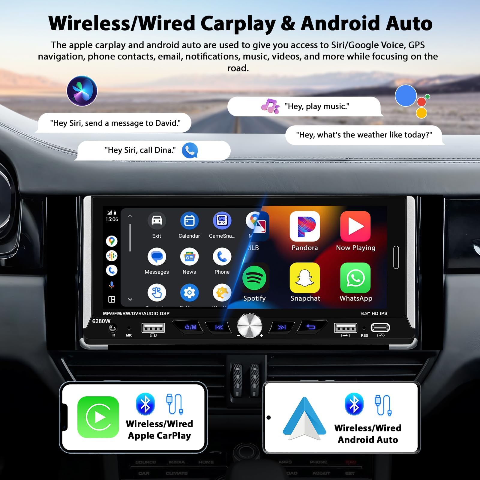 Inefala Bluetooth Car Stereo 1 Din kompatybilny z bezprzewodowym Carplay Android Auto 6,9-calowy ekran dotykowy Samochodowy zestaw stereo obsługuje Bluetooth/Mirror Link/Radio FM RDS/USB/EQ/Type-C