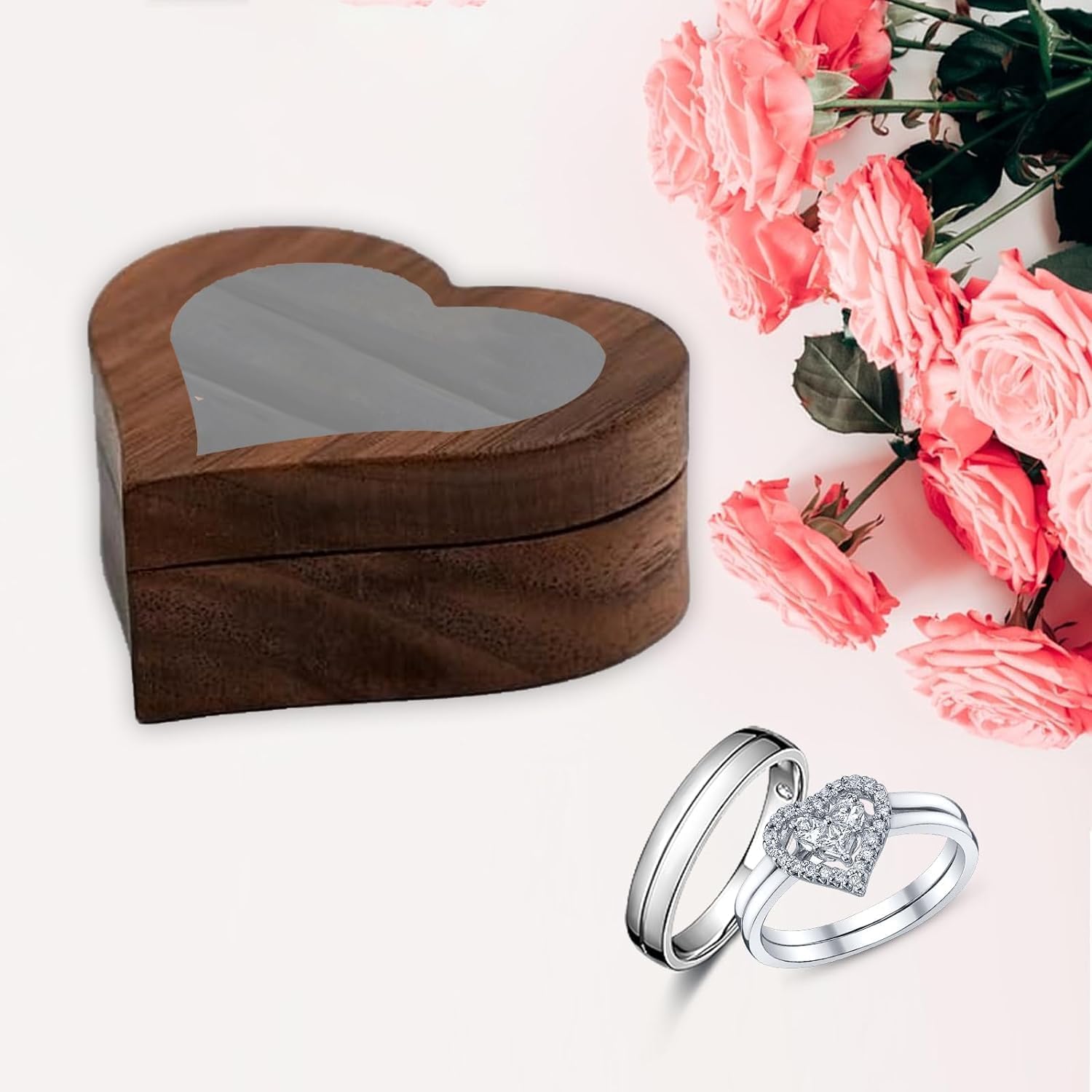 Scatola per Anelli in Noce con Doppia Fibbia Fidanzamento a Cuore Propone scatole per Anelli in Velluto Scatola per Gioielli Custodia per Anello con Finestra visibile