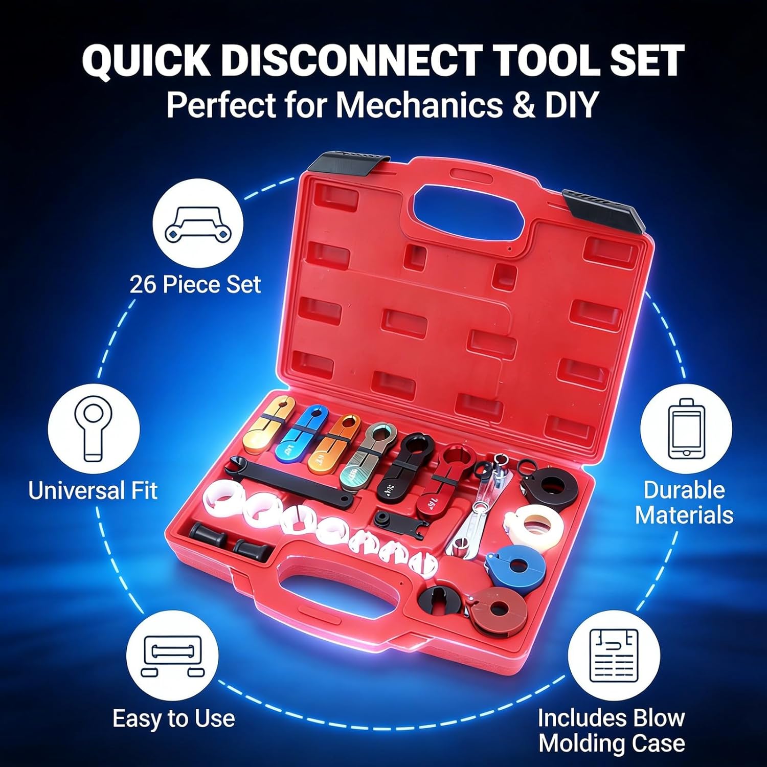 Quick Disconnect Tool Set, Universal AC Fuel Line Disconnect Kit, 26 - Piece - Multipurpose Compatibility, Color - Coded Sizes, for DIY Mechanics and Professionals