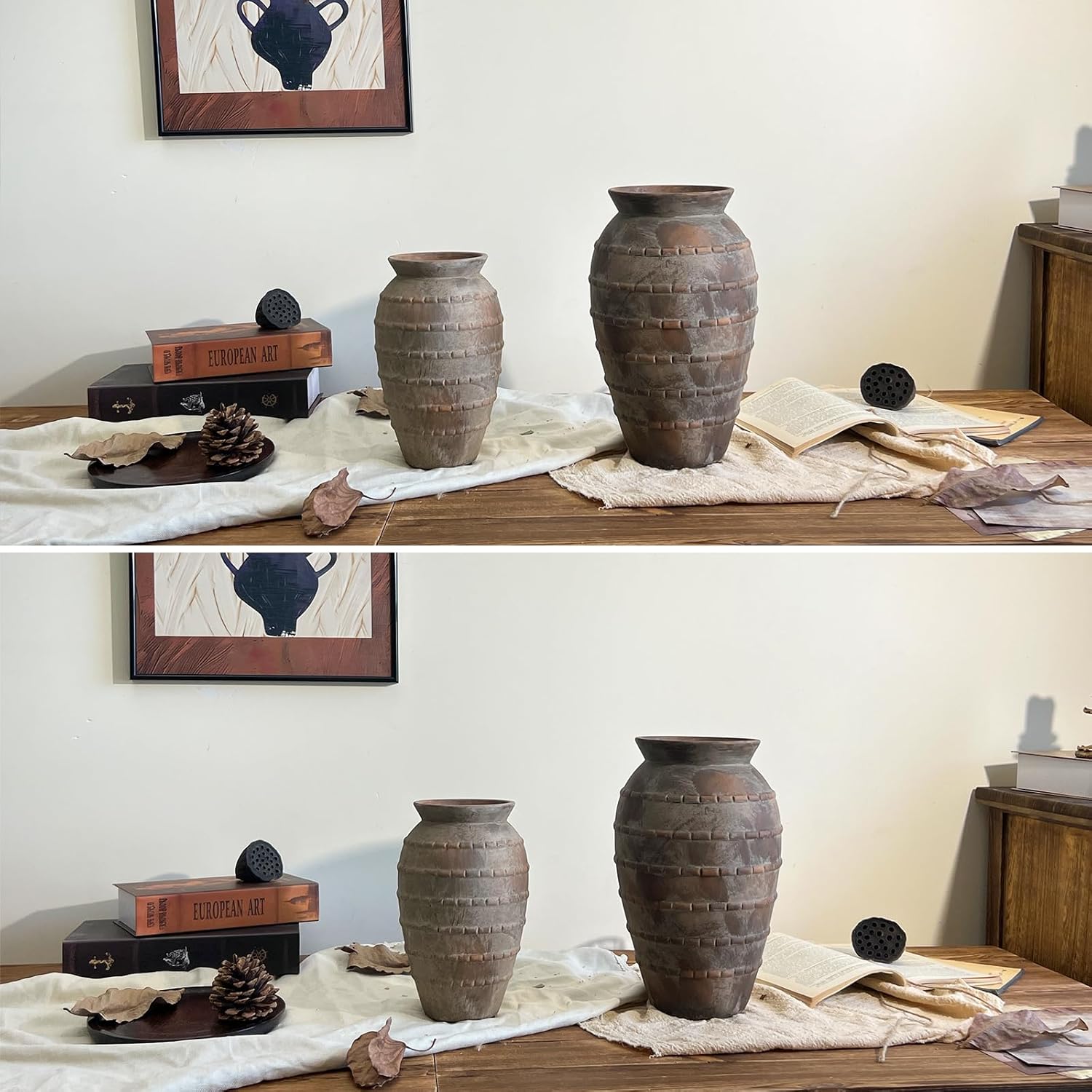 Ceramic Rustic Farmhouse Vase, 12 Inch Flower Vases for Table Decoration, Rustic Pottery Vase for Living Room, Shelf & Bedroom Decor, Vintage Ceramic Vases for Wedding, Brown