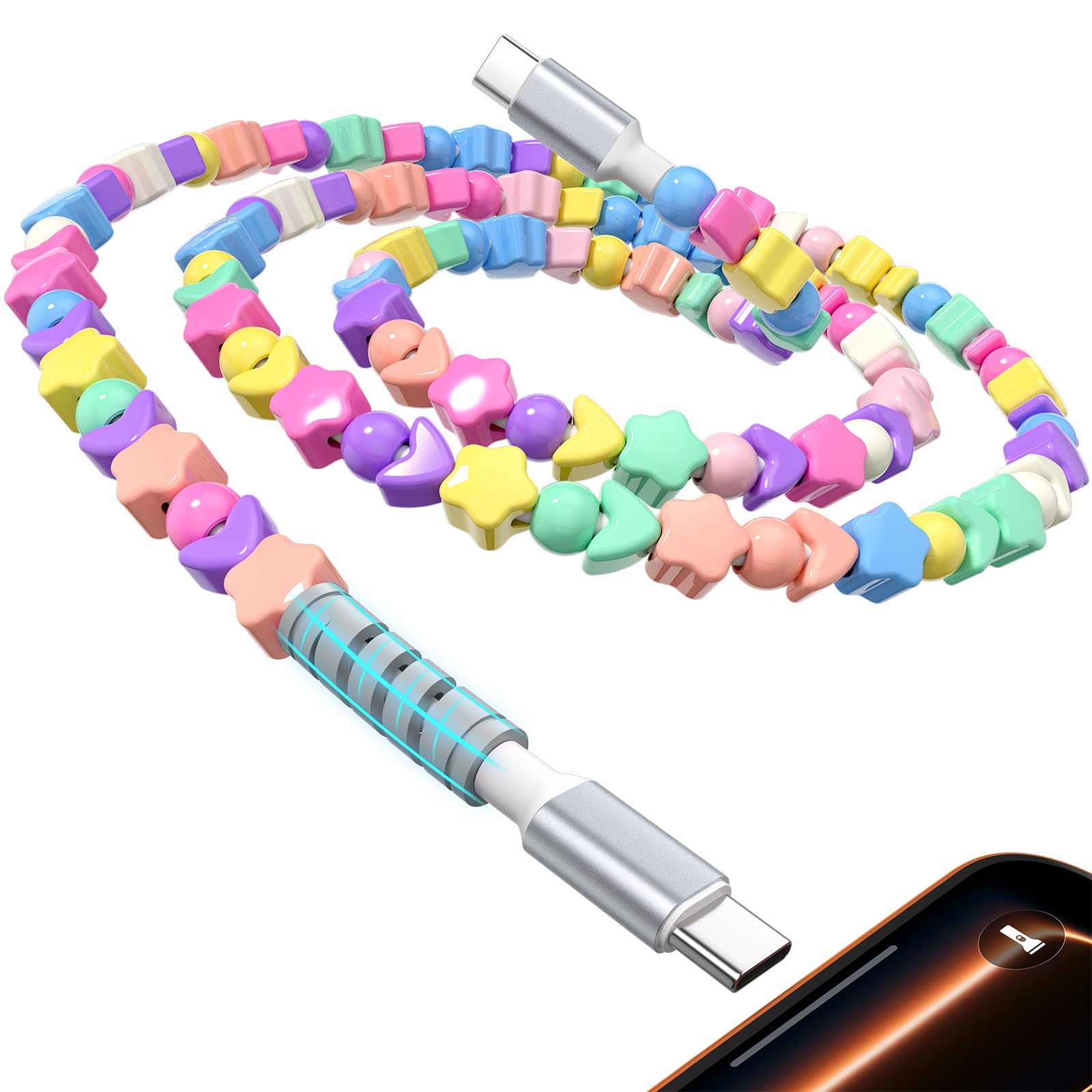 Cable USB C de carga rápida con cuentas, cable de carga rápida de 3.3 pies, 60 W, 45 W, 40 W, 30 W, 27 W, 25 W, USB-C a tipo C, cable PD para iPhone 17 Pro Max 16 15 16e para iPad A16 Galaxy S25 S24
