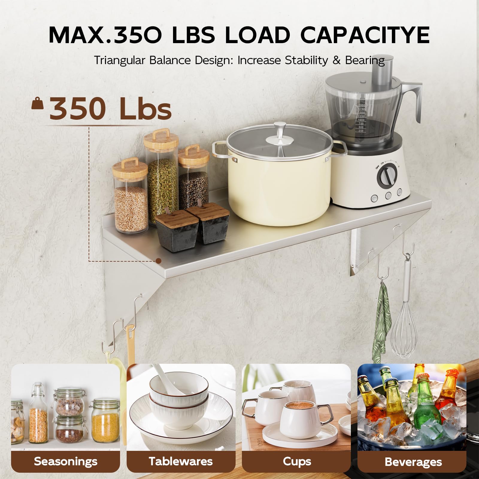 TAIMIKO Estantería de Pared de Acero Inoxidable con Barra de Ganchos,Estante de Pared con Soporte Triangular Almacenamiento de Cocina, para Gastro Libros Portarretratos Plantas Oficina Baño Cocina
