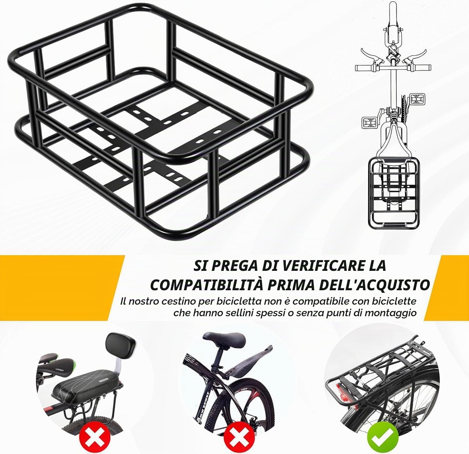 Cestino bicicletta posteriore, Grande cestino posteriore per bicicletta con fodera, Copertura impermeabile e Rete per Bagagli, 46×32×15 cm