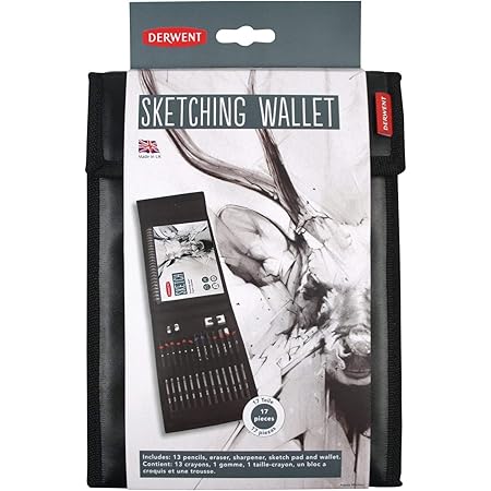 Derwent 2300218 Sketching Wallet with Mixed Media Sketching Pencils, Accessories and A5 Landscape Sketchpad, Grey