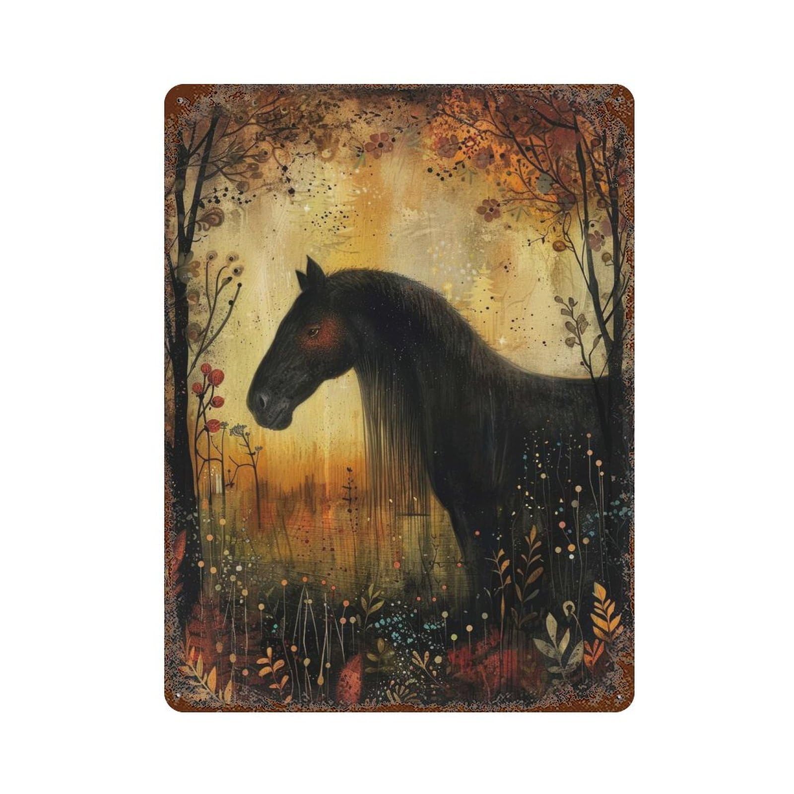 Garage Style Autumn Horse Rust Effect Tin Sign 15.7"x11.8", Farmhouse Wall Decor for Bar And Workshop
