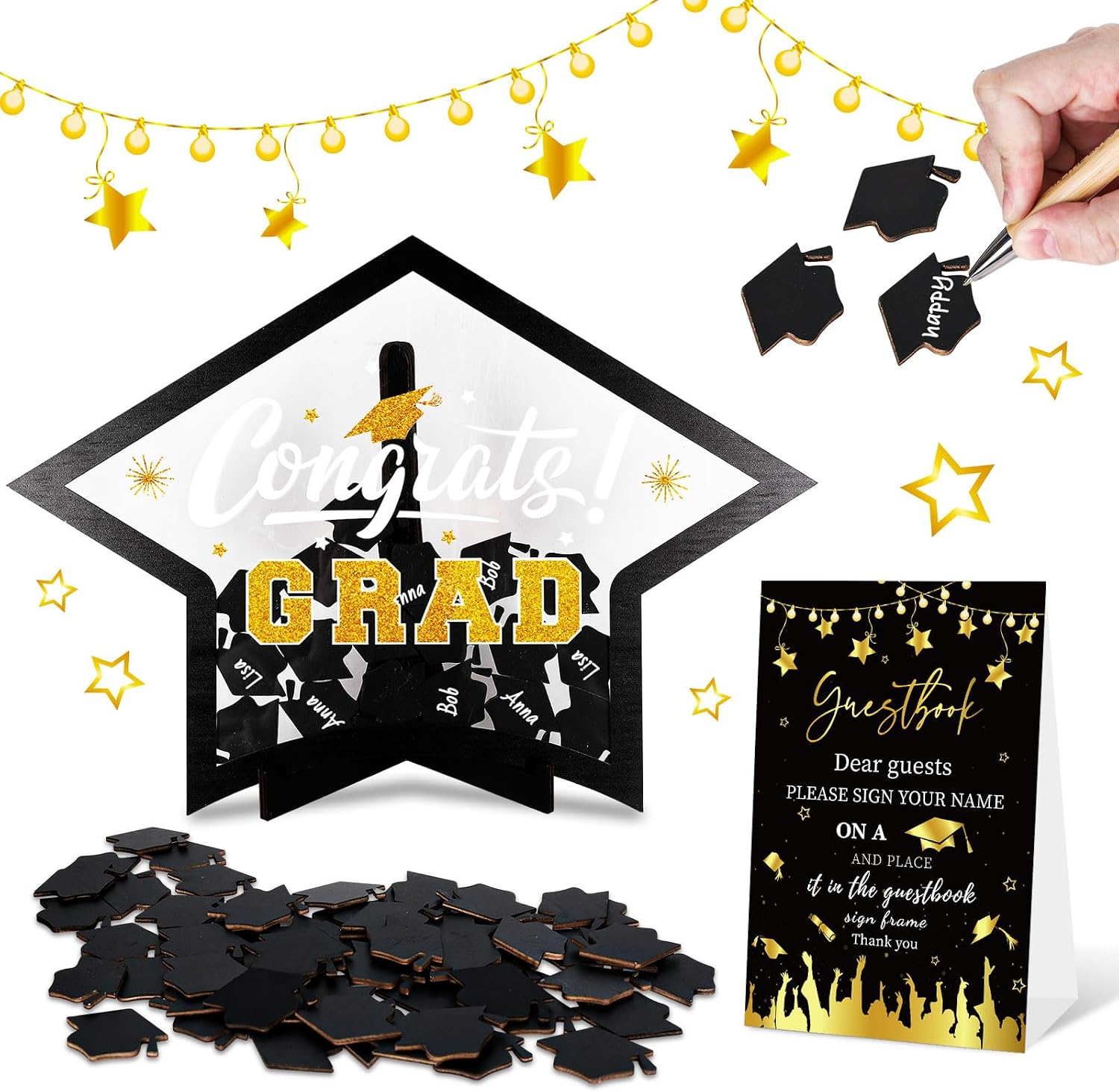 Whaline 63 Pcs Graduation Guest Book Alternative Black Gold Wooden Drop Frame Guestbook Congrats Grad Hat Signature Guestbook Gifts for College School Keepsake Photo Graduation Party Decoration
