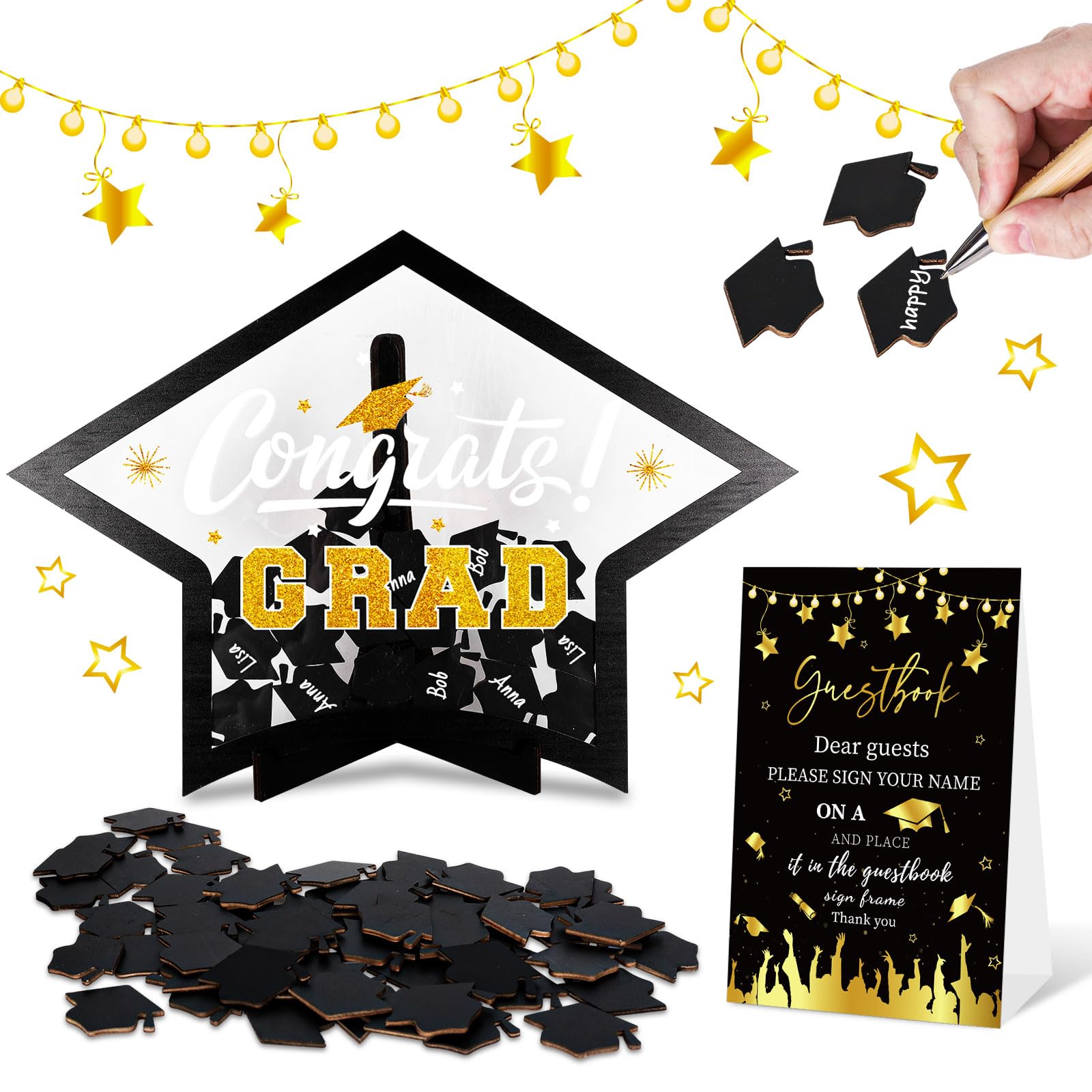 Cadre pour livre d'or de remise de diplôme alternatif Whaline en bois noir et cœurs à glisser