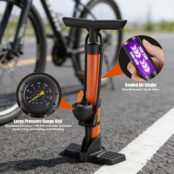 Pompa per Bicicletta, Pompa da Pavimento per Bici con Manometro, Pompa ad Aria per Bicicletta, per Valvole Presta e Schrader, Alta Pressione 160 PSI, per Bicicletta, Moto, Arancione - 5