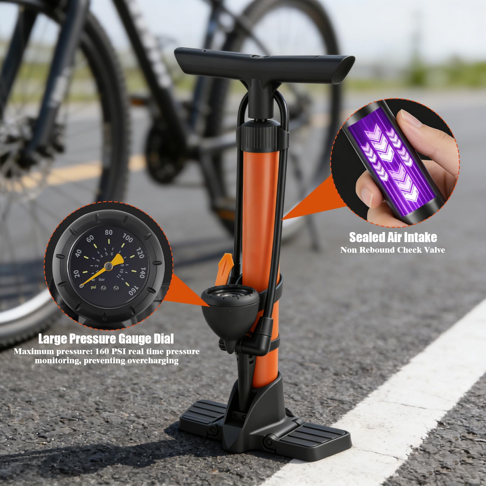 Pompa per Bicicletta, Pompa da Pavimento per Bici con Manometro, Pompa ad Aria per Bicicletta, per Valvole Presta e Schrader, Alta Pressione 160 PSI, per Bicicletta, Moto, Arancione - 5