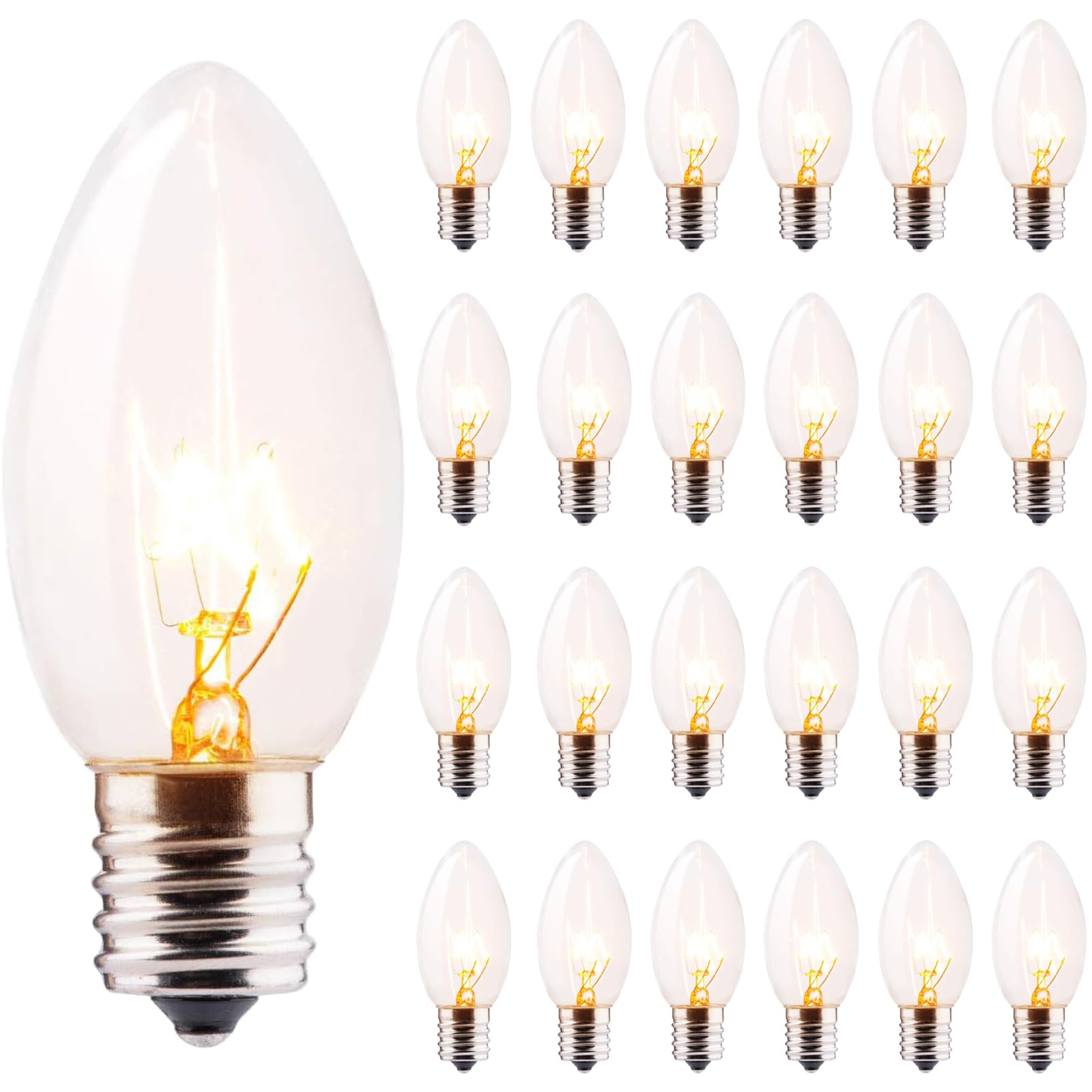 25 Pack C9 Replacement Bulbs, C9 Christmas Light Bulbs 7W Clear Incandescent Bulbs for Outdoor Backyard Wedding Christmas String Lights, E17 Intermediate Base
