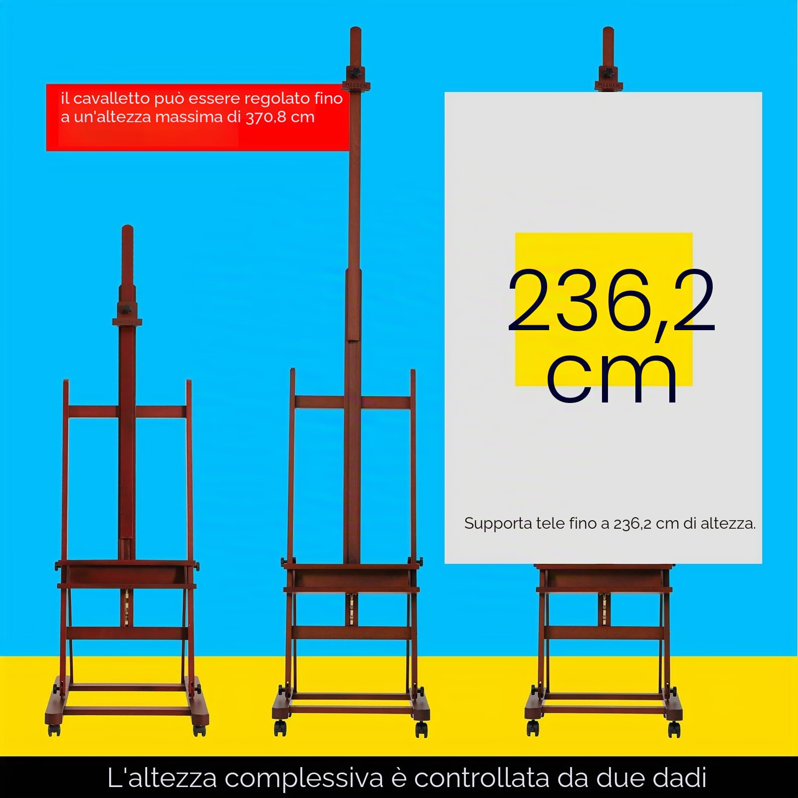 MEEDEN Cavalletto per Pittura in Legno: H Frame Grande Cavalletto in Faggio Massiccio con Ruote e Vassoio di Stoccaggio - Regolabile da 190-370CM, può Contenere arte su Tela Fino a 236CM