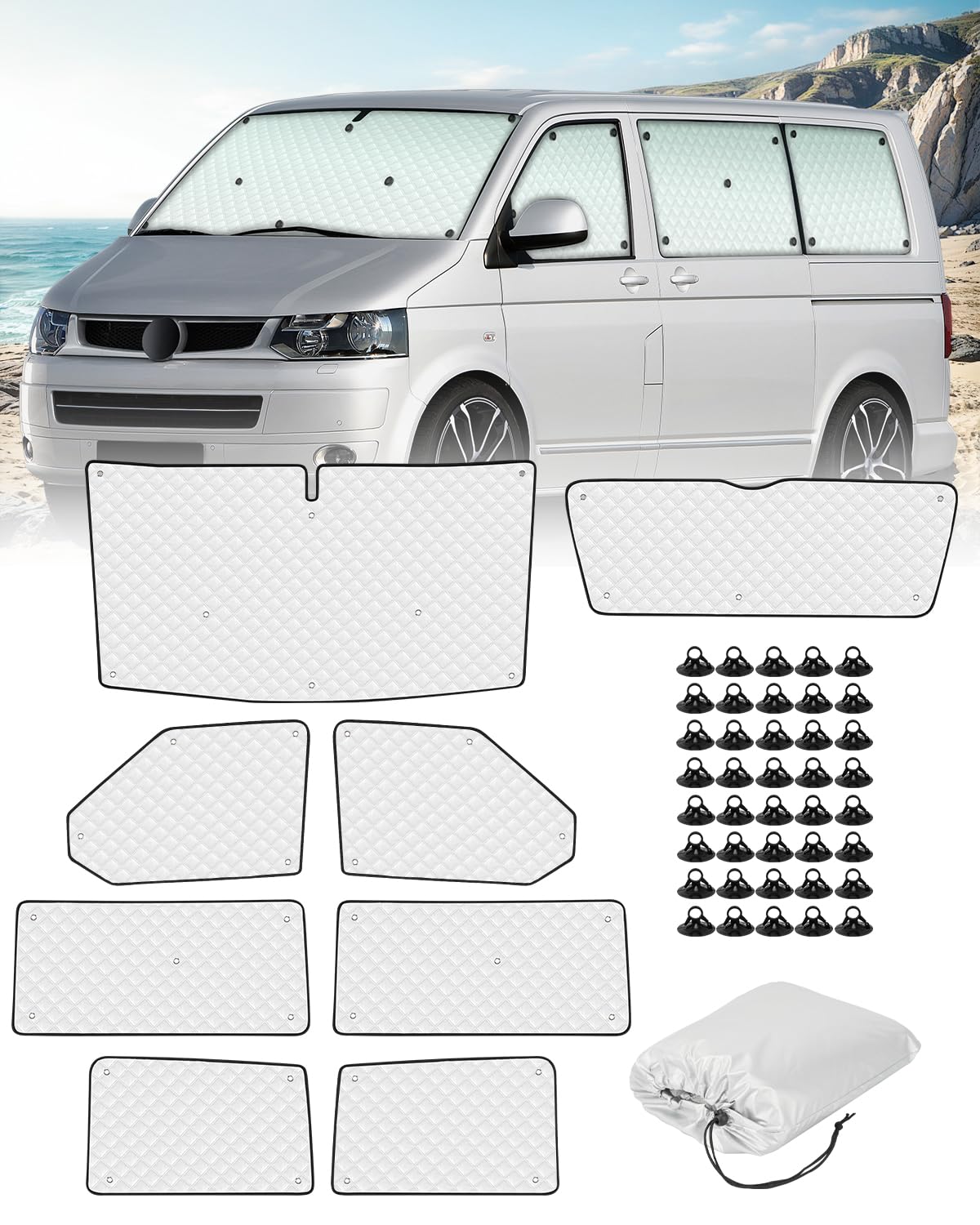 SUPAREE Sonnenschutz T5 Sonnenschutz Frontscheibe Wohnmobil Innen Thermomatte Wohnmobil Frontscheibe für SWB T5 T6 UV-Schutz 100% Okklusion mit Aufbewahrungstasche (8 Stück)